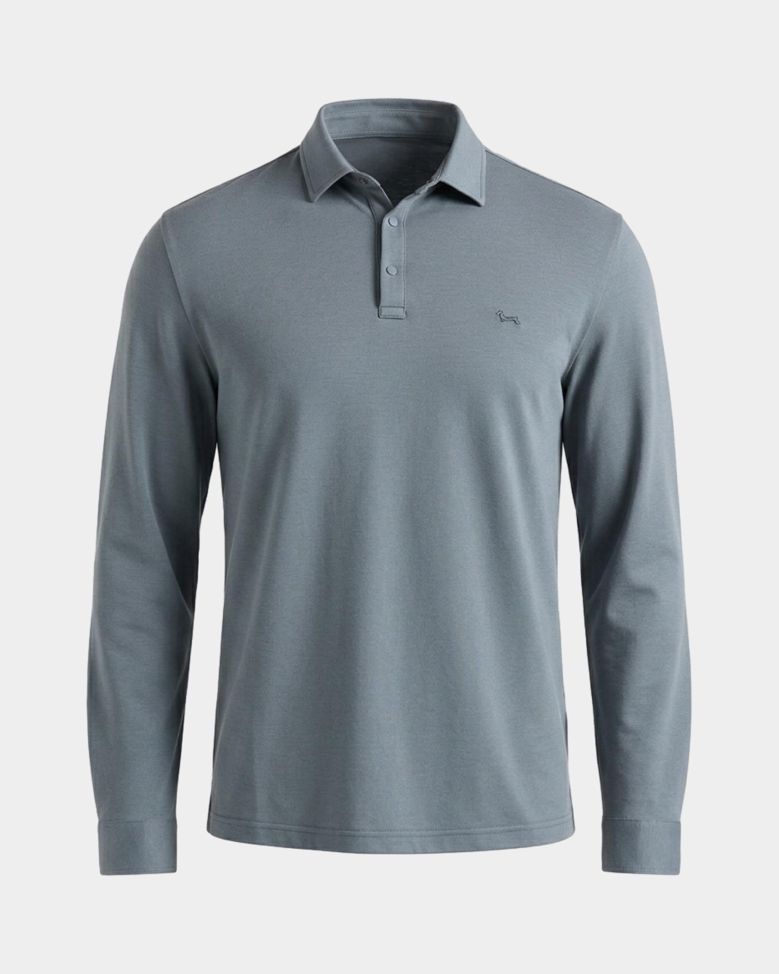 Men's long-sleeve gray stretch cotton piqu&eacute; polo shirt, GRAY, large