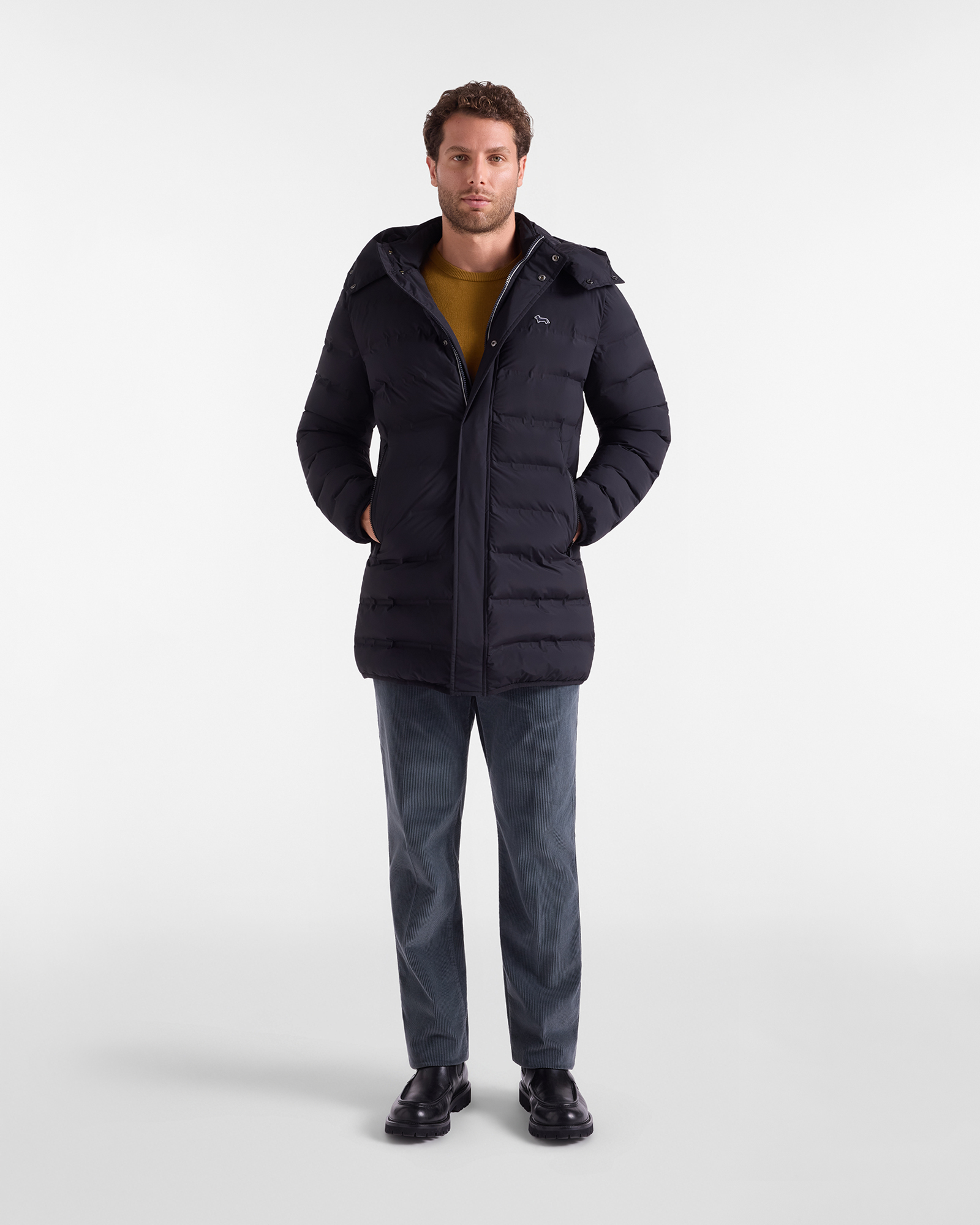 Chaqueta larga acolchada para hombre con capucha desmontable de nailon t&eacute;cnico, NEGRO, large