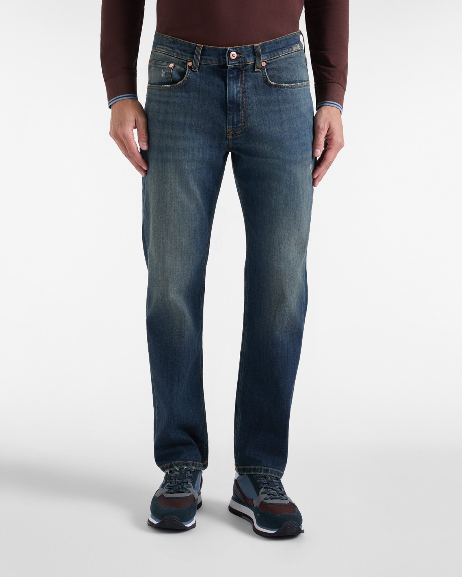 Herren-5-Pocket-Jeans in blauem, gewaschenem Denim