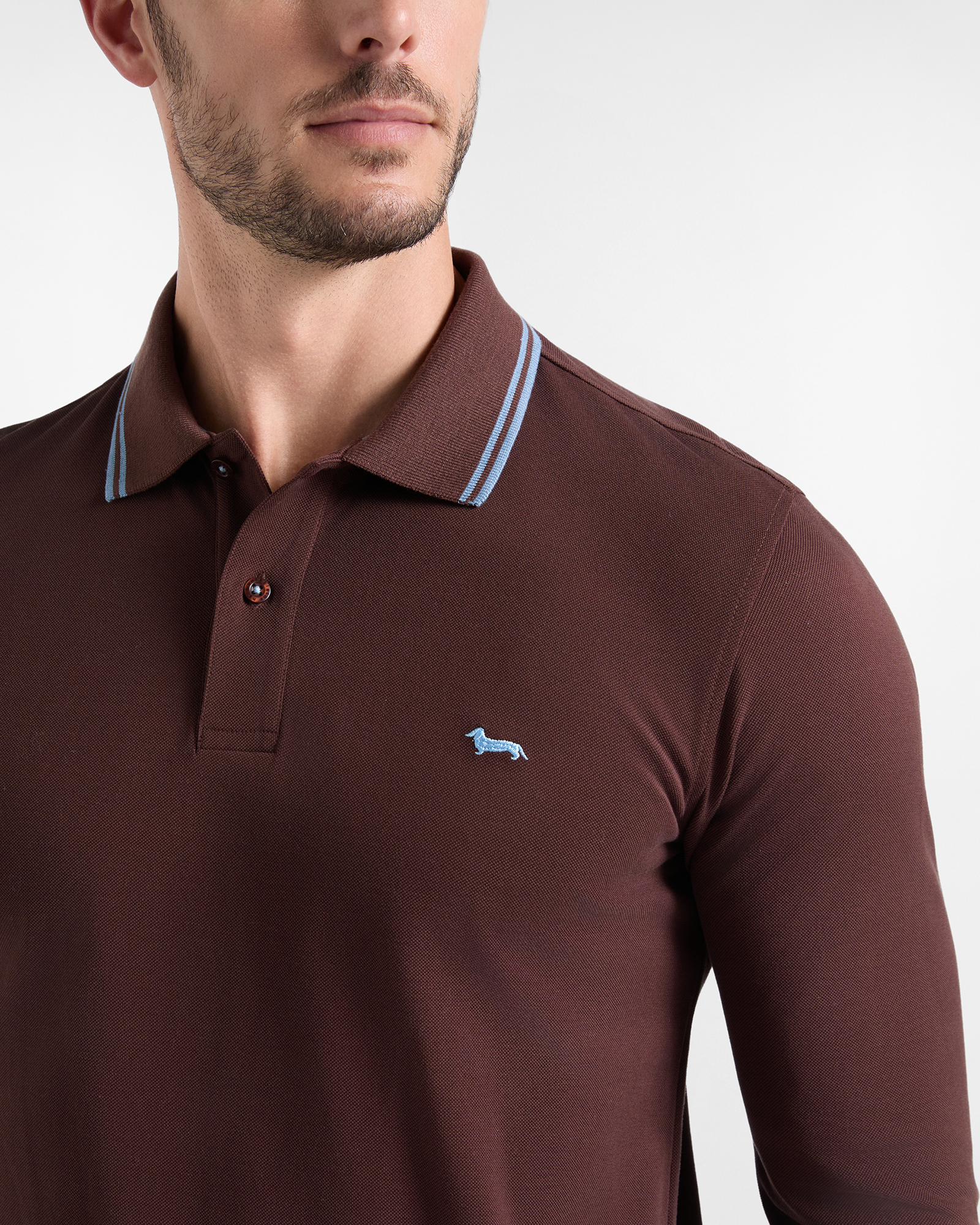 Langarm-Poloshirt f&uuml;r Herren aus Piqu&eacute; aus 100 % reiner Baumwolle, DUNKELBRAUN, large