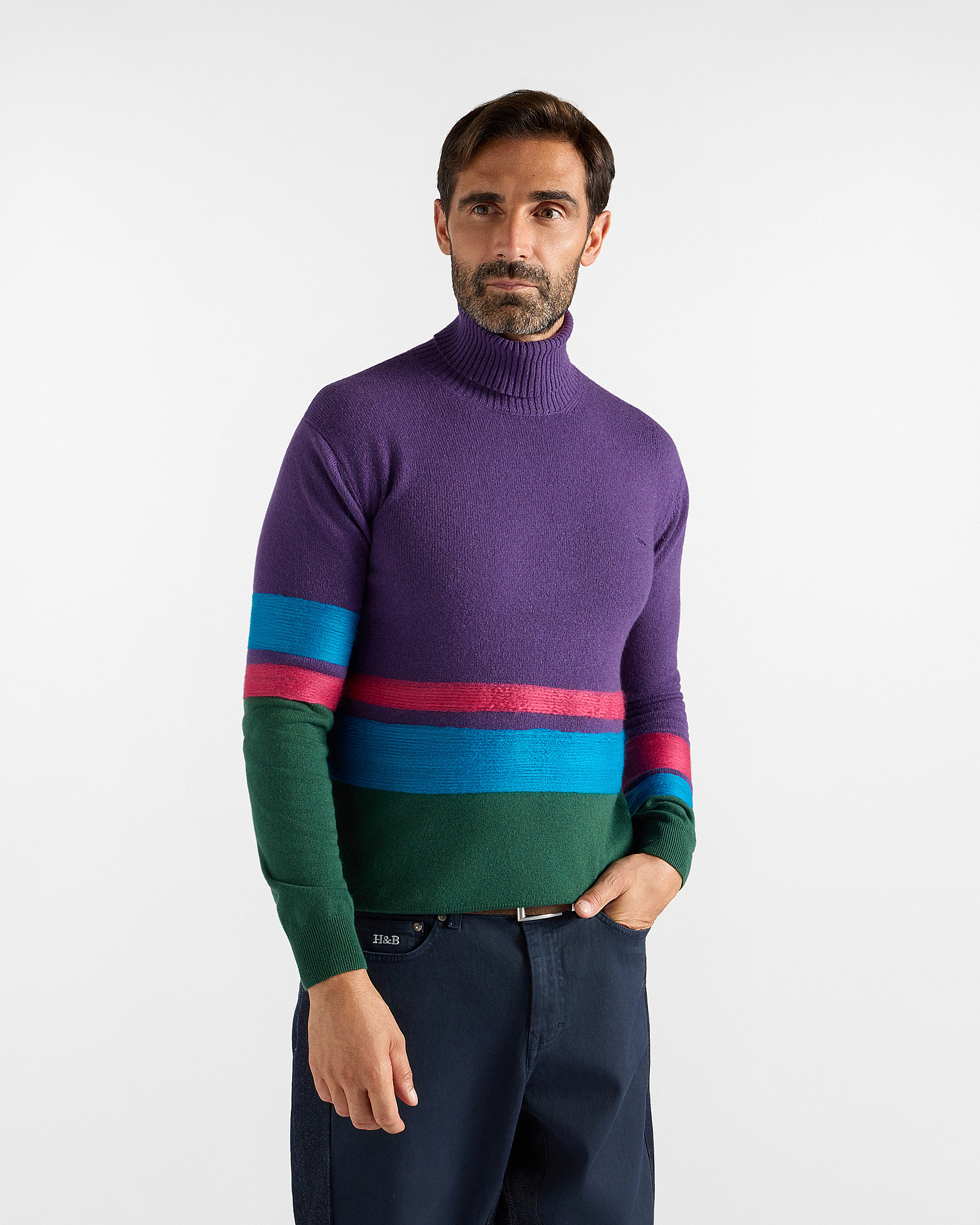 Jersey de cuello alto para hombre de puro cachemir morado/verde de la colecci&oacute;n c&aacute;psula Re-Loved, fabricado en Italia