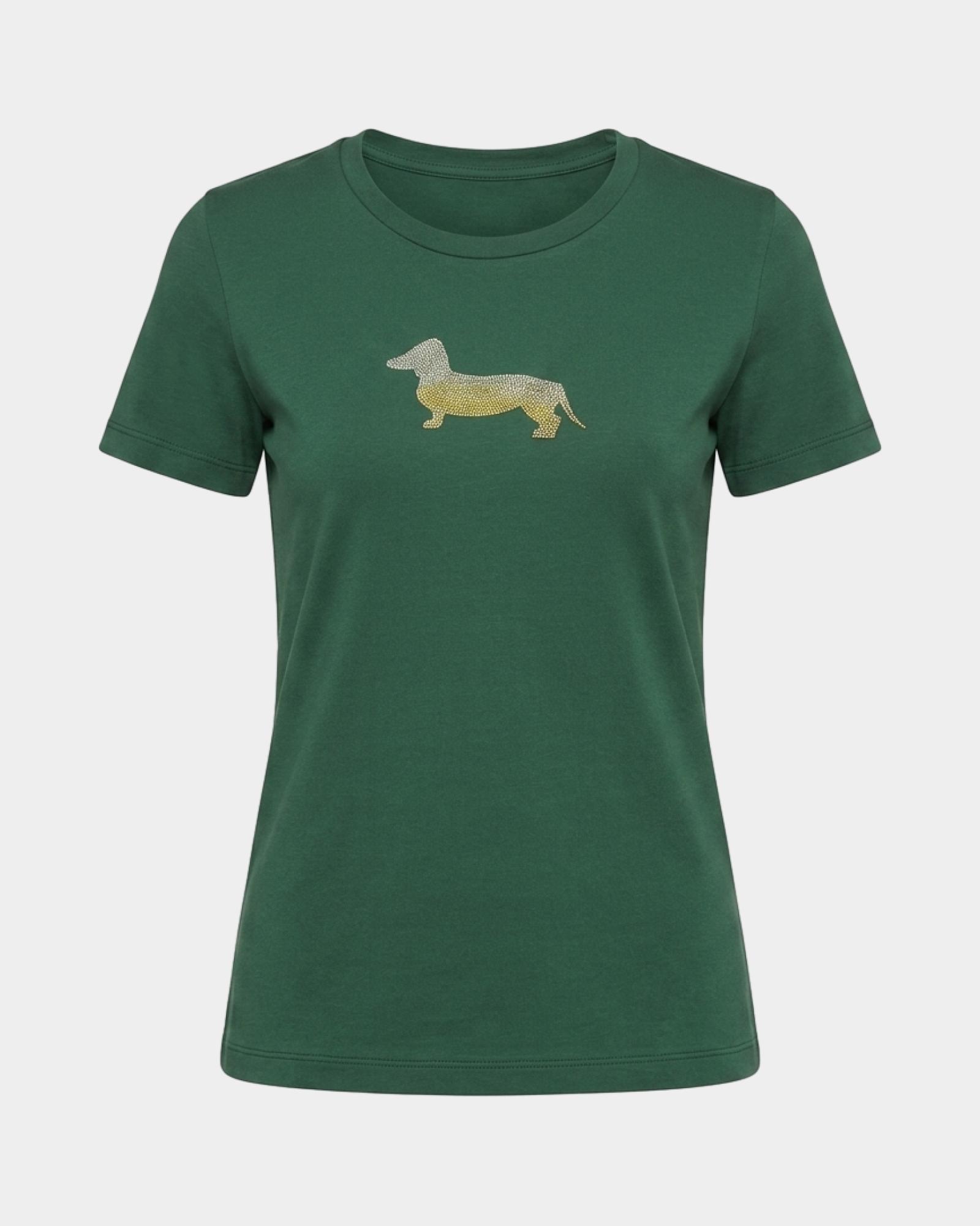T-shirt Donna in cotone stretch  con Maxi Bassotto Glitter, VERDE, large