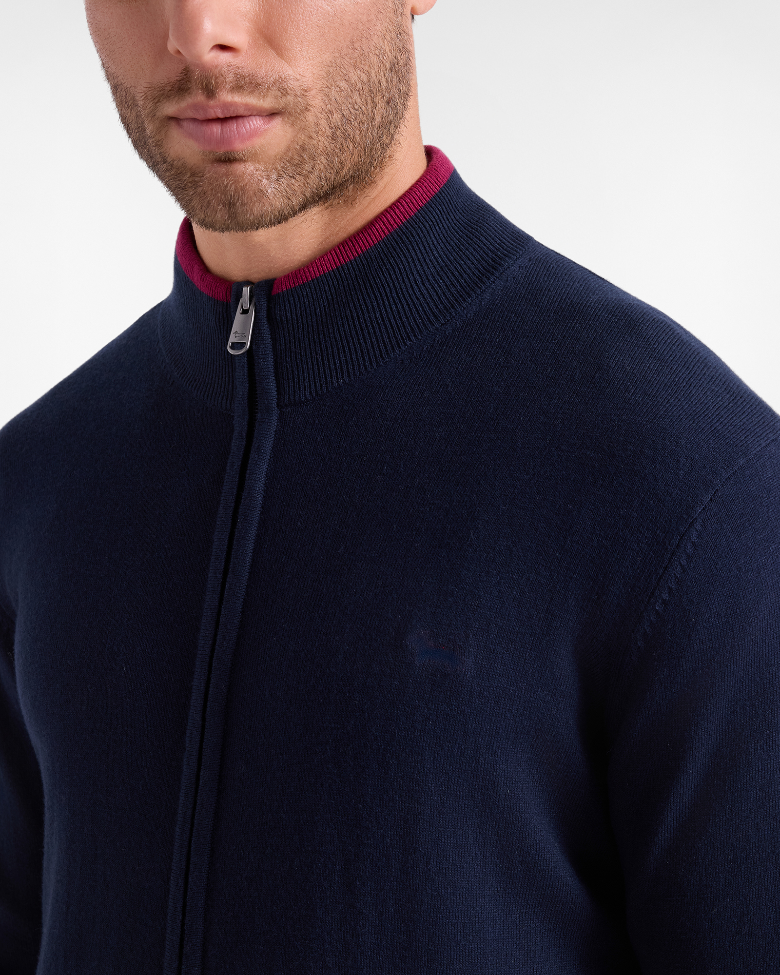 Jersey Hombre con cuello alto full zip en mezcla de lana y algod&oacute;n Regular Fit, AZUL MARINO, large