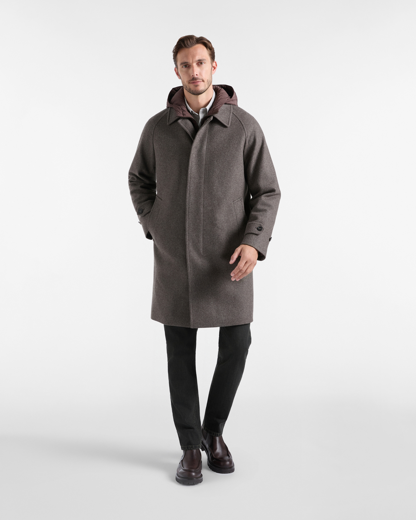 Abrigo de lana para hombre con peto desmontable, TESTA DI MORO, large