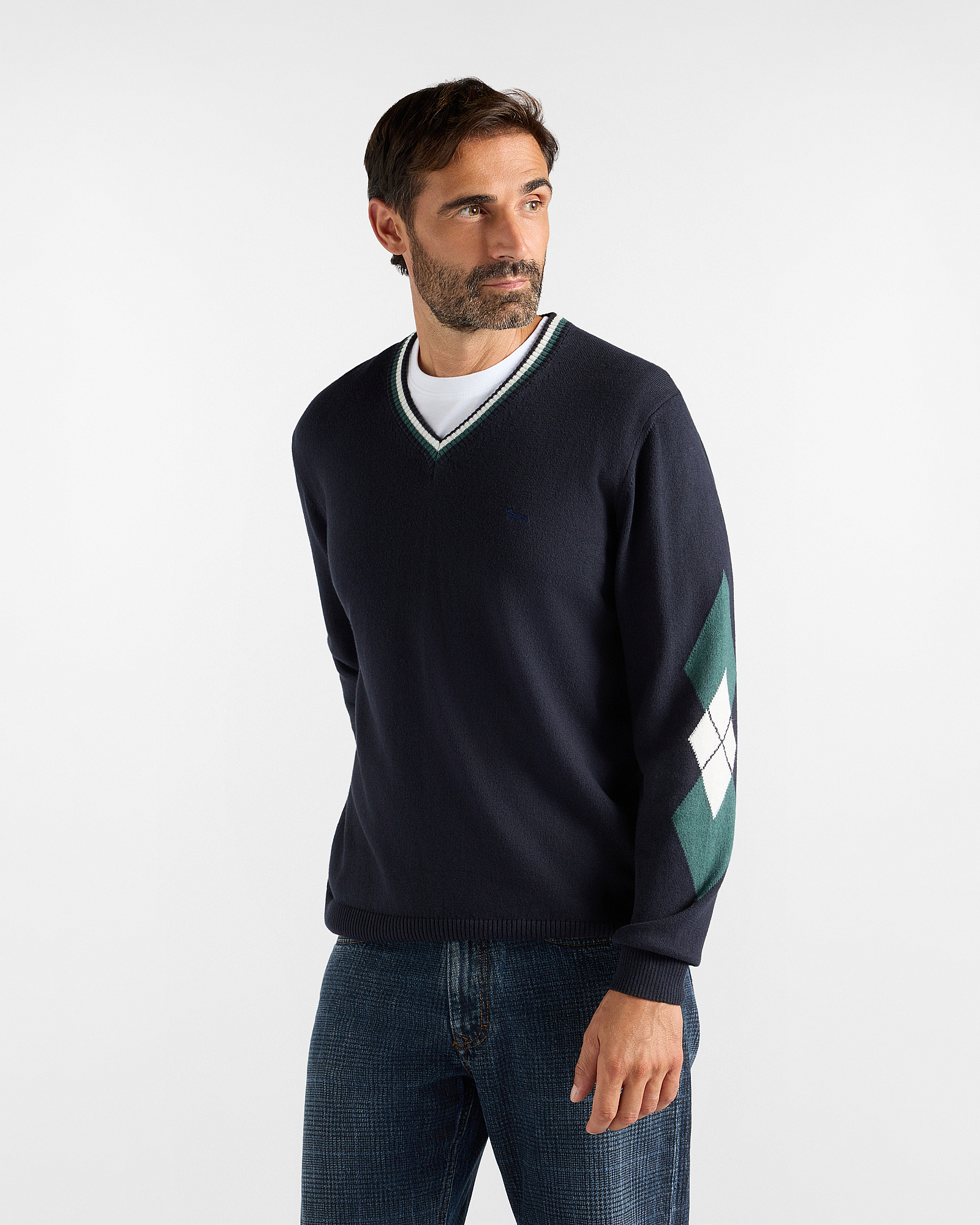 Maglia Uomo con scollo a V in misto lana e cotone blu Regular Fit Made in Italy