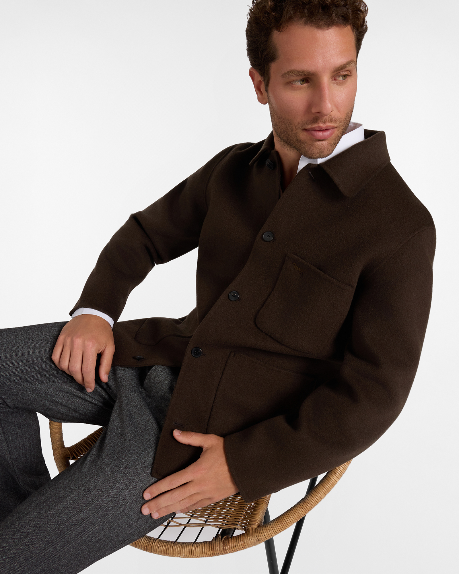 Men&rsquo;s pure wool overshirt with patch pockets, DARK BROWN, large