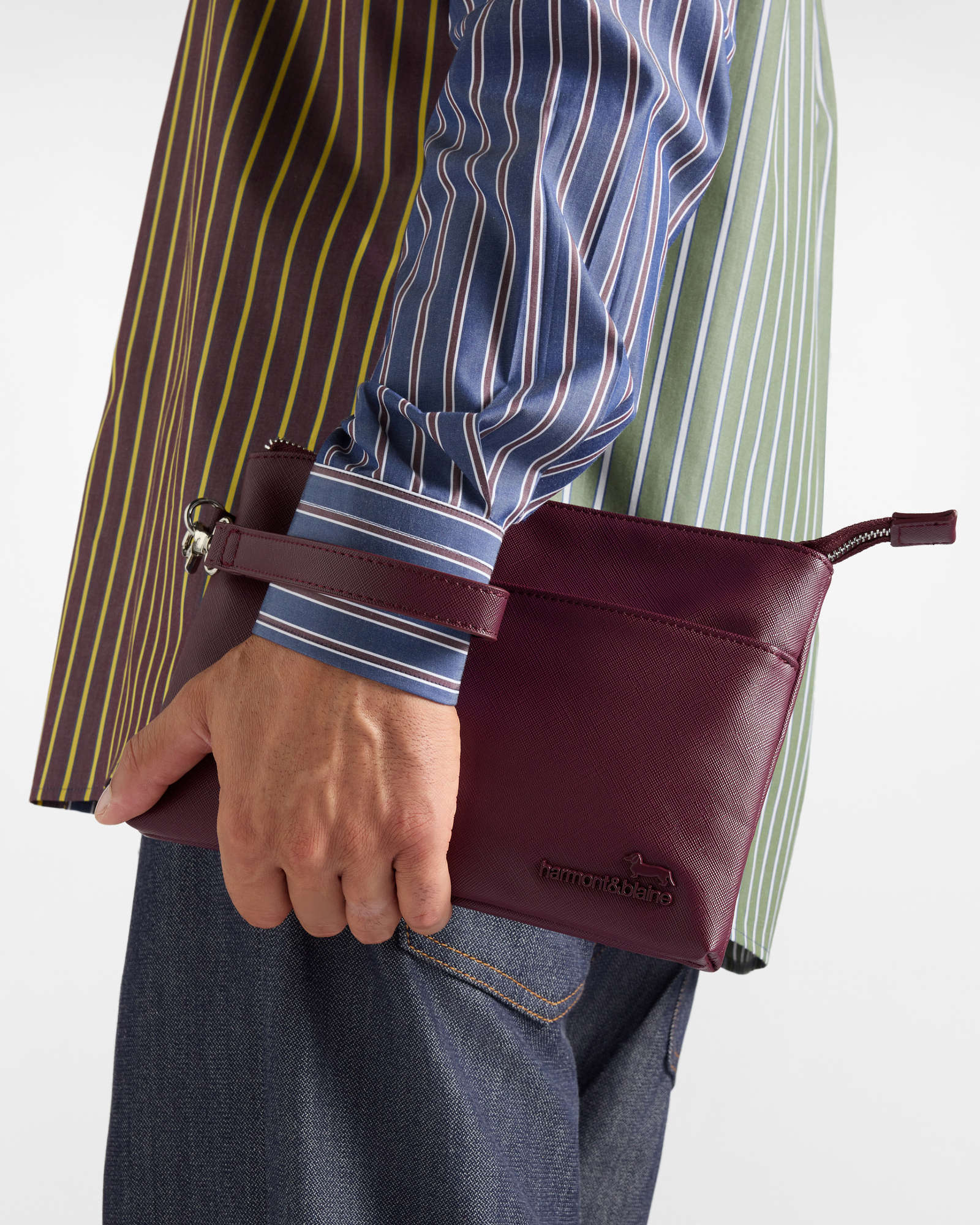 Men's red clutch with handle featuring Saffiano finish