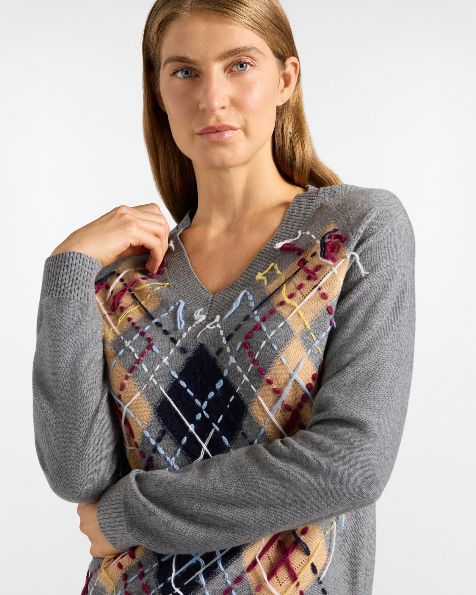Women's V-neck sweater in gray wool blend, GRAY, large