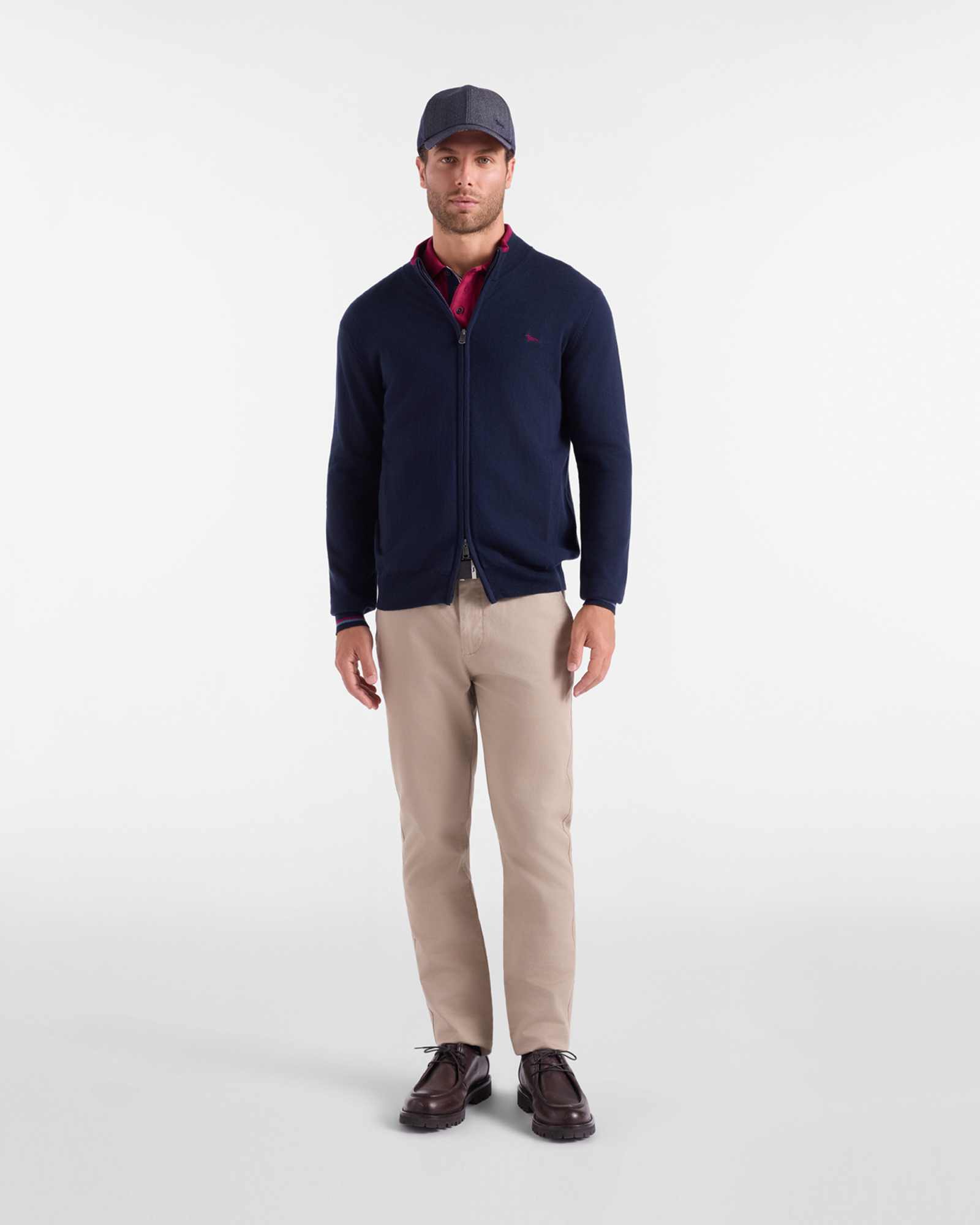 Jersey Hombre con cuello alto full zip en mezcla de lana y algod&oacute;n Regular Fit, AZUL MARINO, large