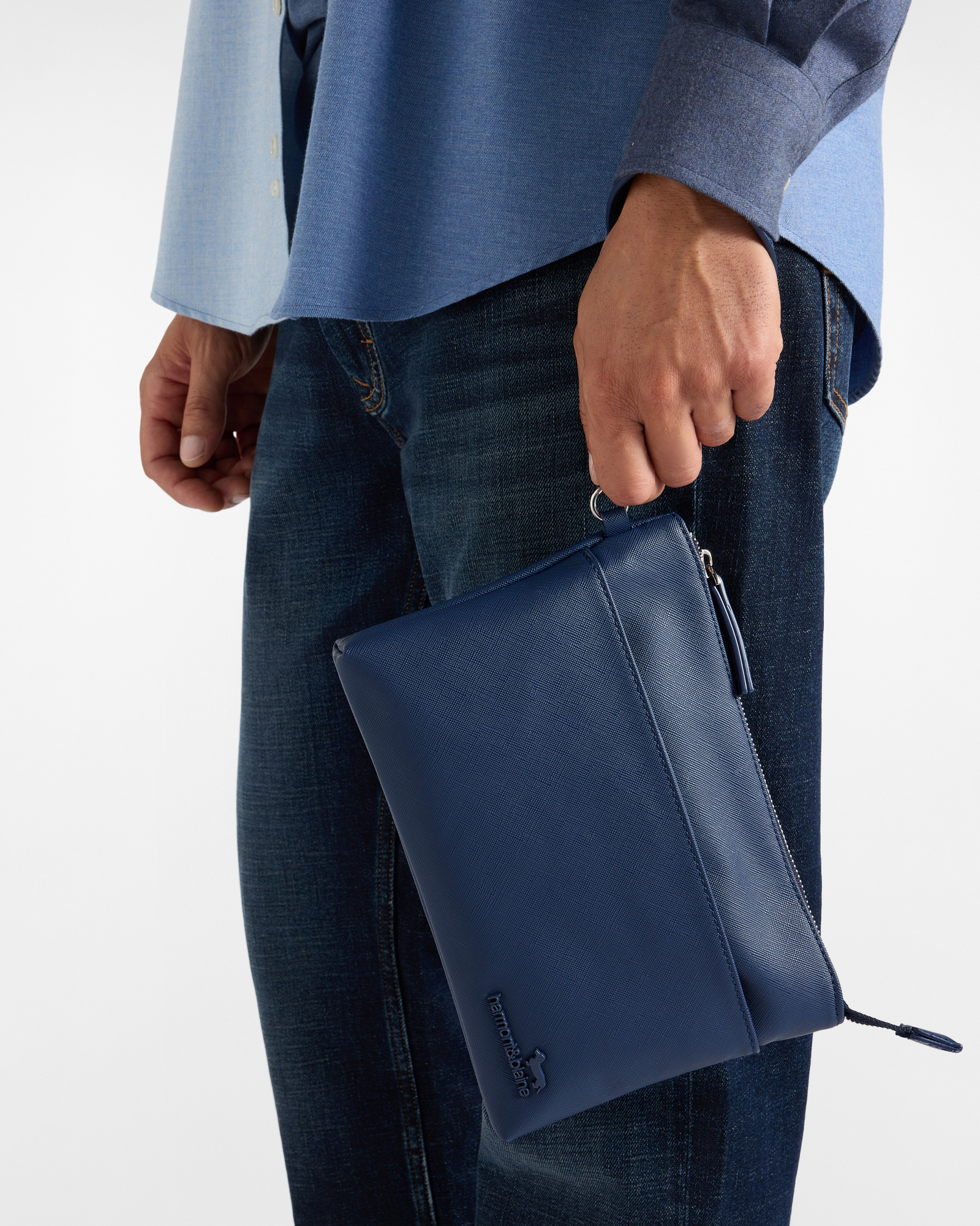 Men's clutch with handle featuring Saffiano finish, NAVY BLUE, large