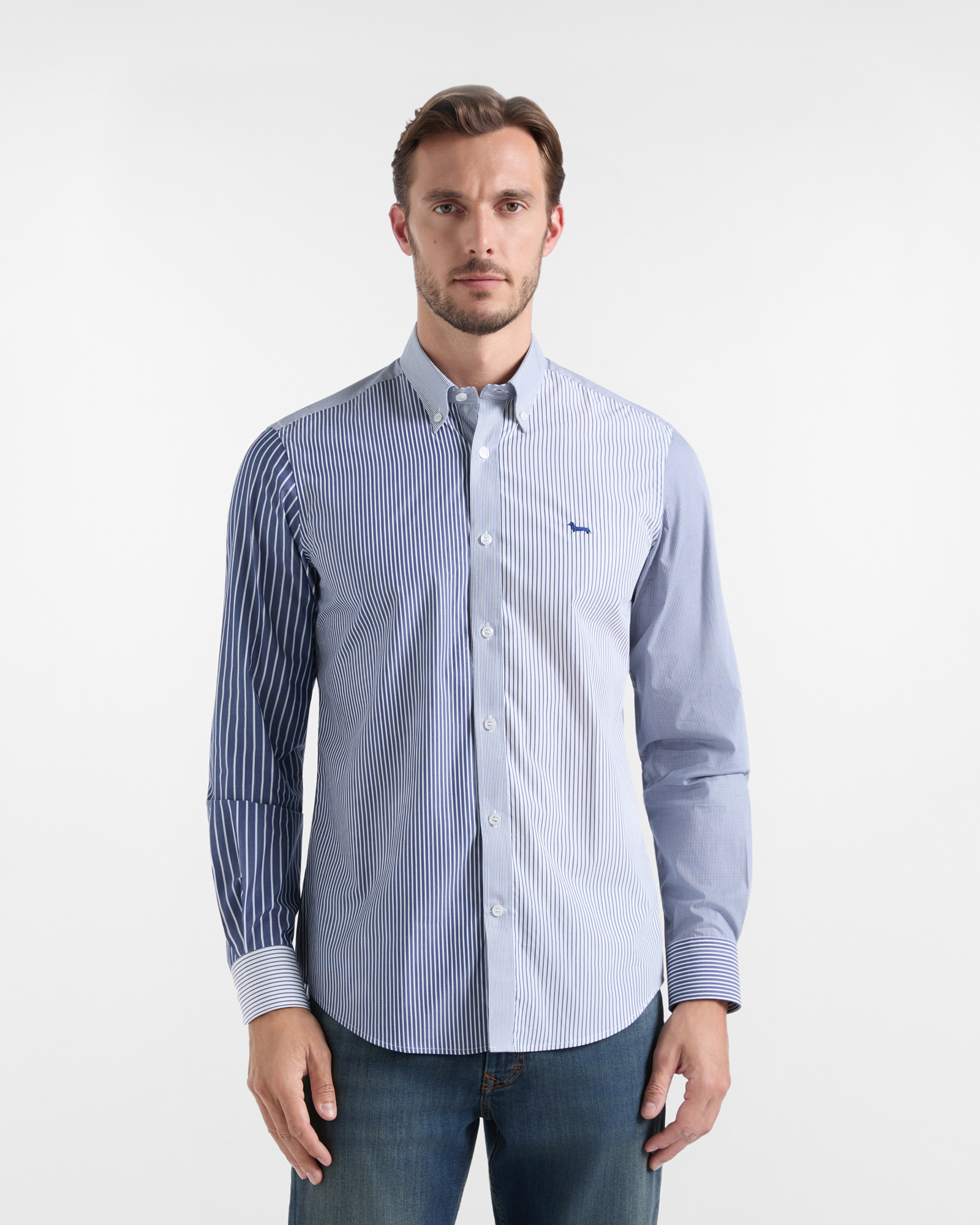 Camisa Piazzetta de hombre de corte regular con dise&ntilde;o patchwork de rayas, color azul