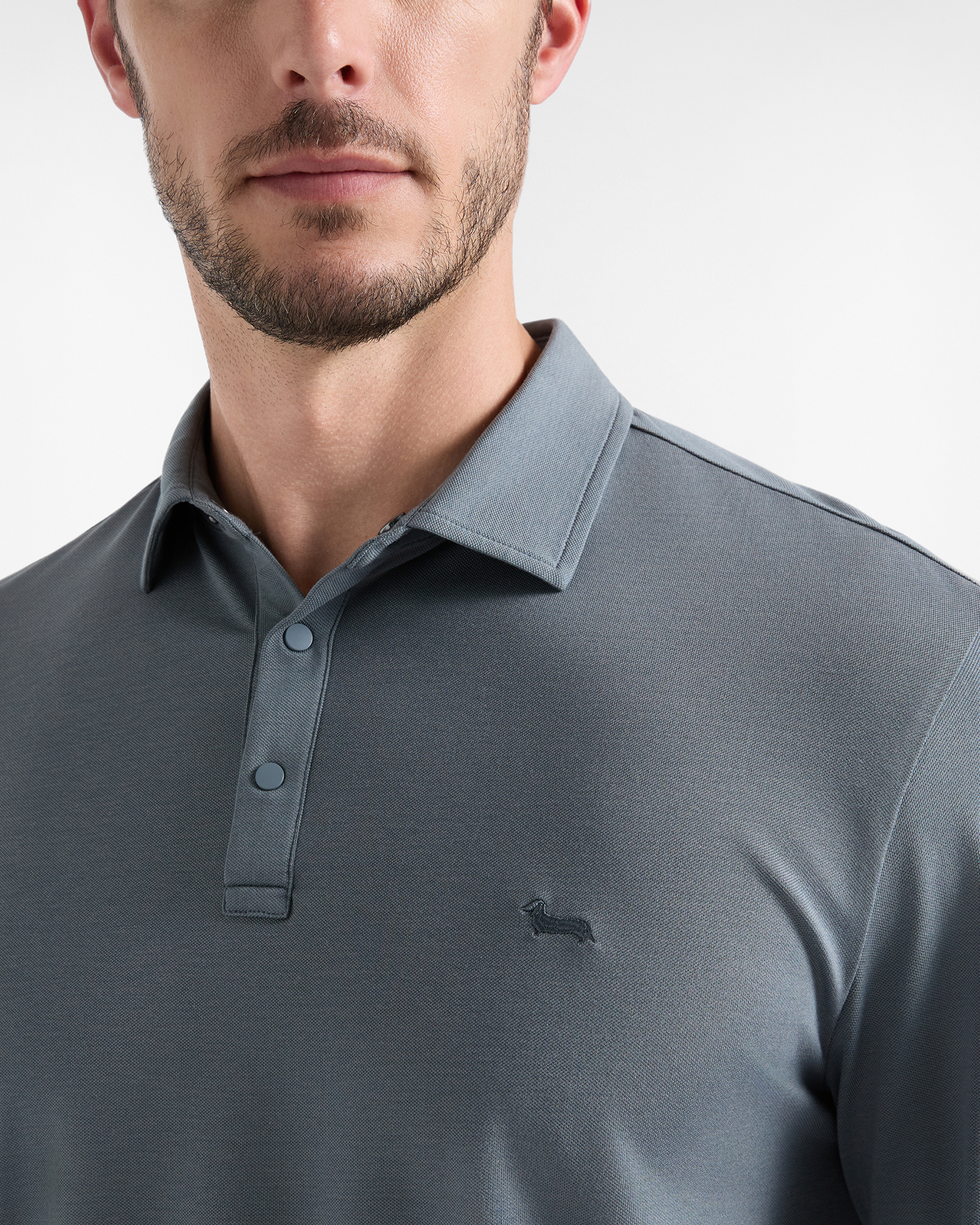 Men's long-sleeve gray stretch cotton piqu&eacute; polo shirt, GRAY, large