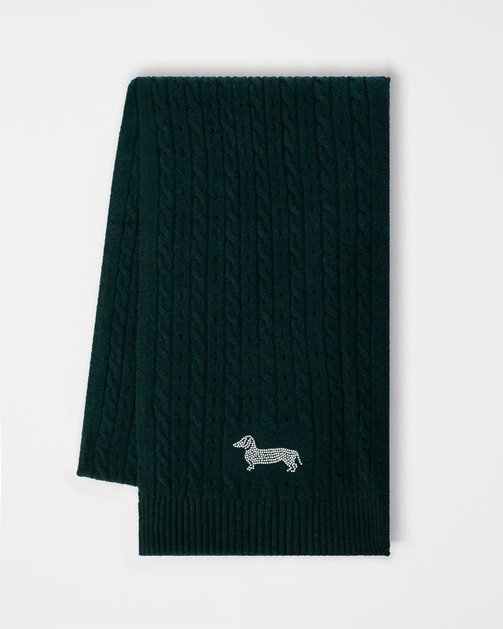 Sciarpa Donna in Maglia verde con Trecce e Bassotto in Strass