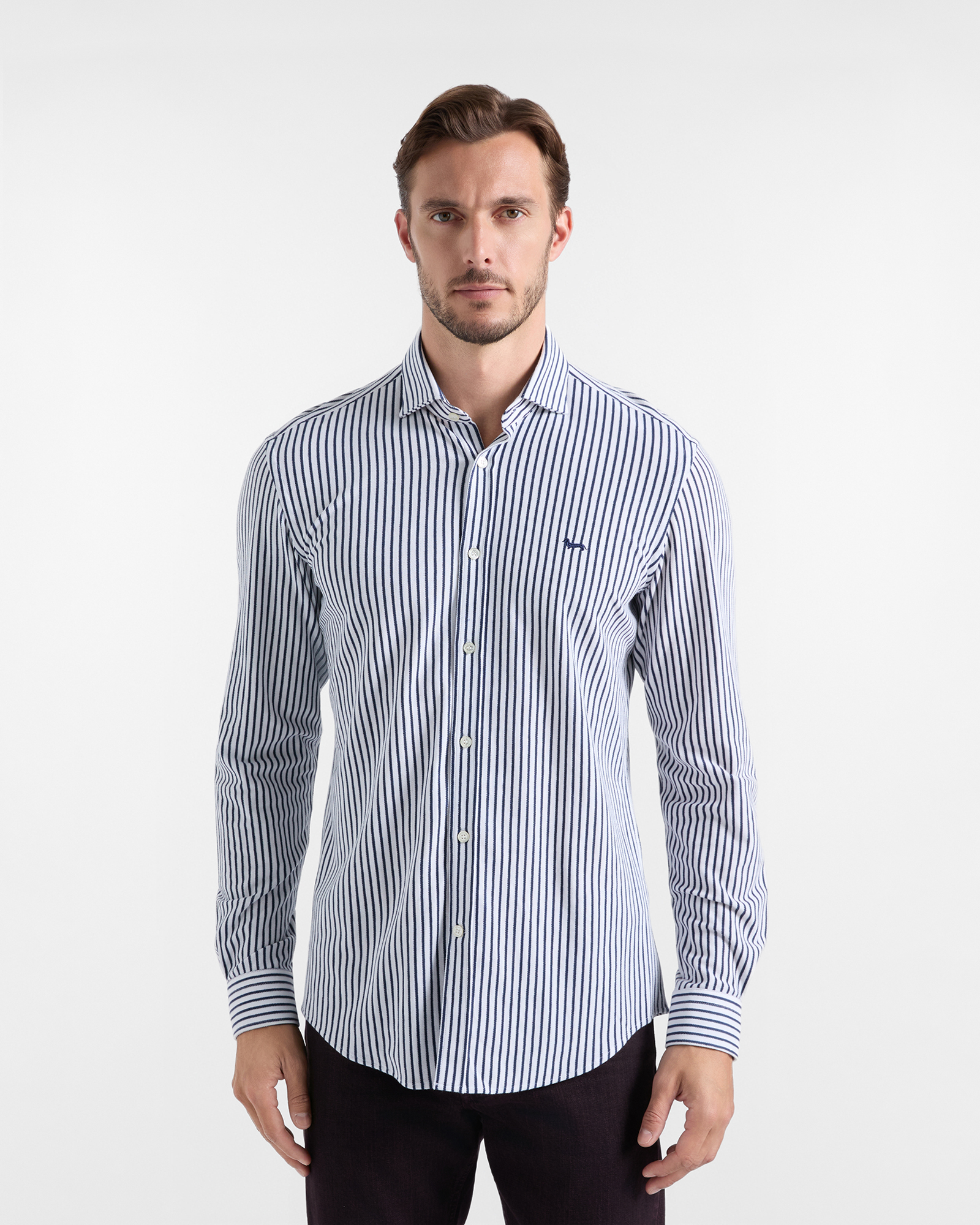 Camicia Uomo piquet riga tinto filo Narrow Fit blu