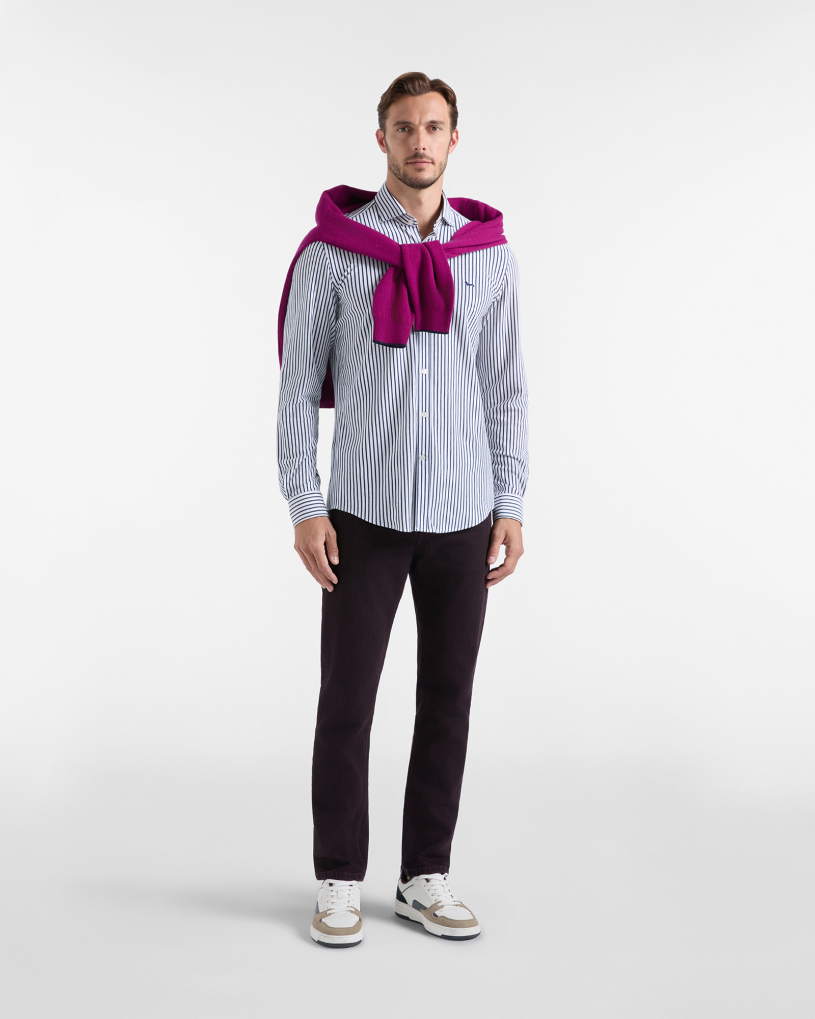 Camisa de hombre en piqu&eacute; a rayas, te&ntilde;ido en hilo de corte ce&ntilde;ido, OCEAN, large