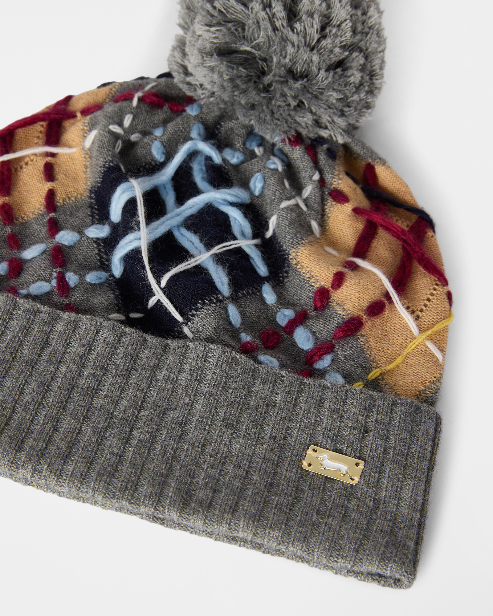 Women's Wool-Blend Argyle Beanie with Pom-Pom and Handmade Embroidery, GRAY, large