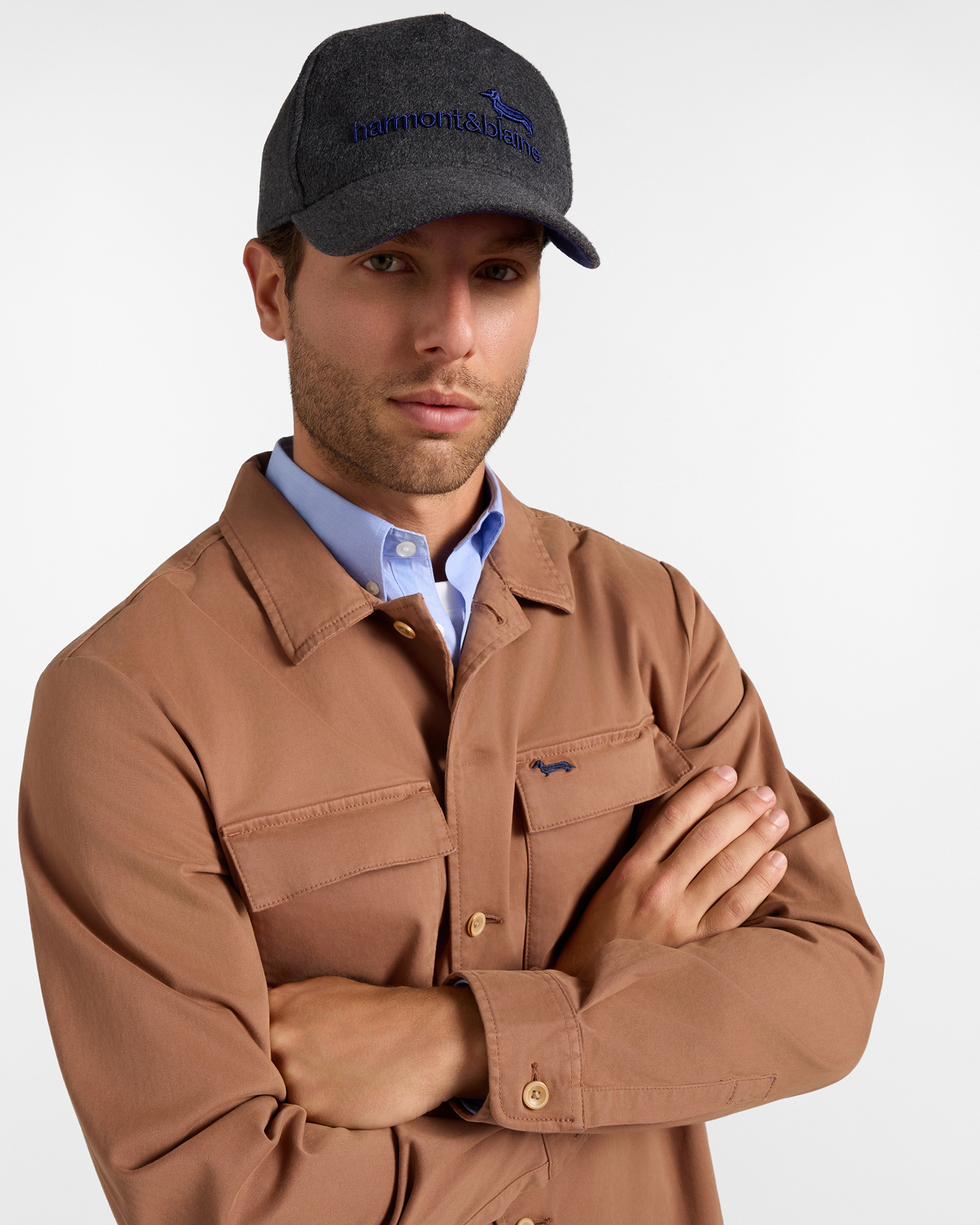 Cappello baseball da uomo in misto lana grigio con bassotto ricamato