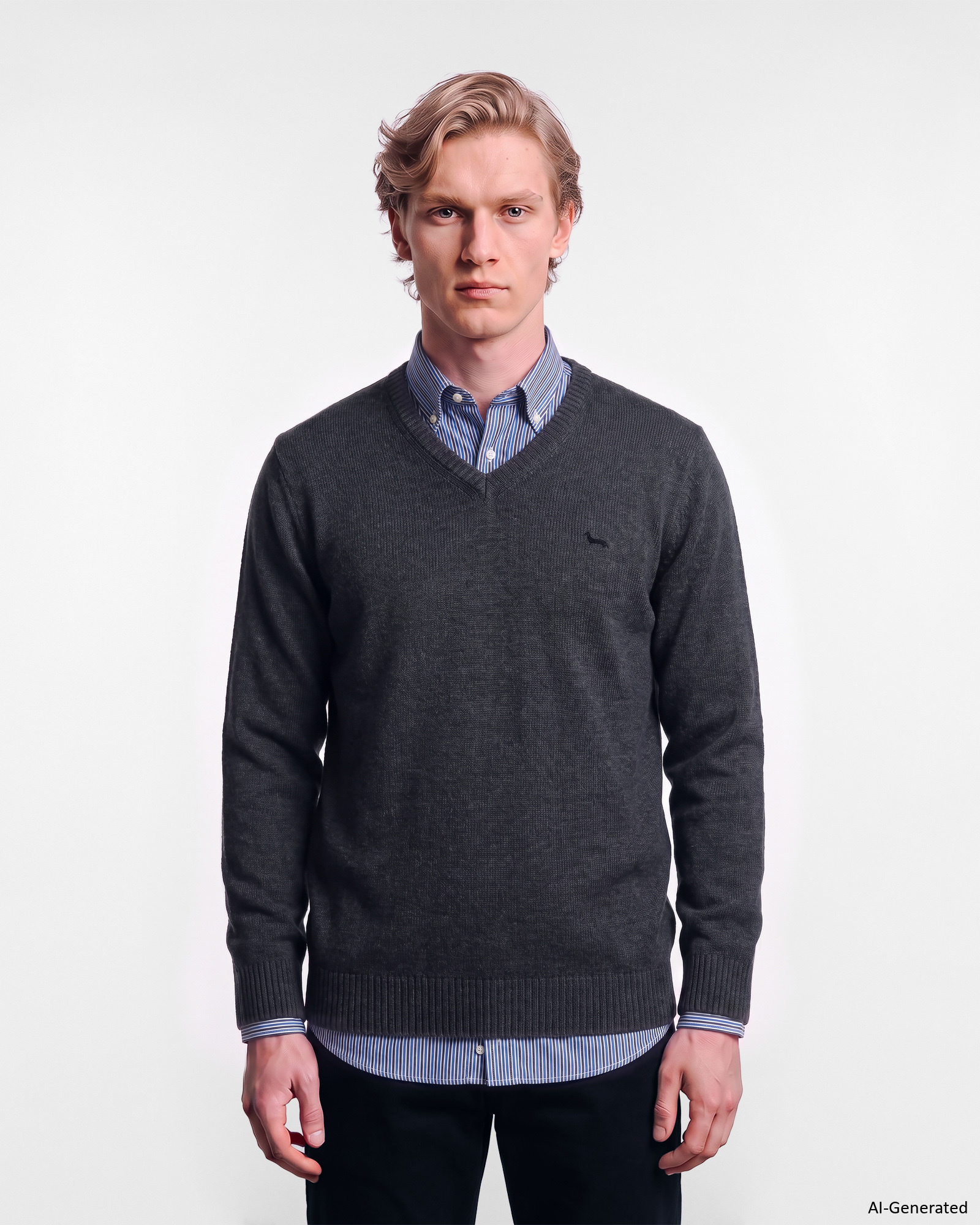 Men's Made in Italy regular fit V-neck sweater in wool blend, NAVY BLUE, large