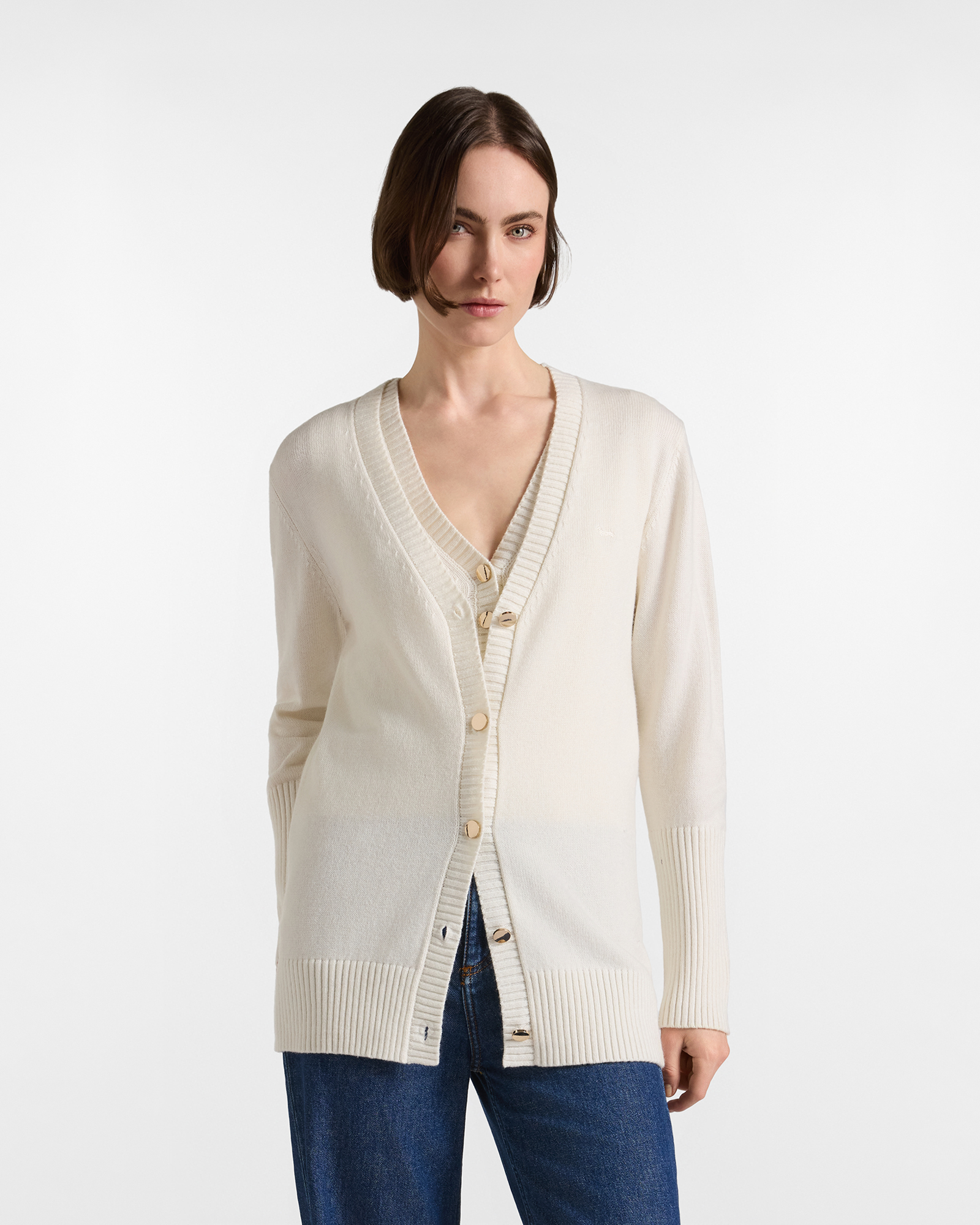 C&aacute;rdigan Mujer con cuello de pico en mezcla de lana color blanco Made in Italy