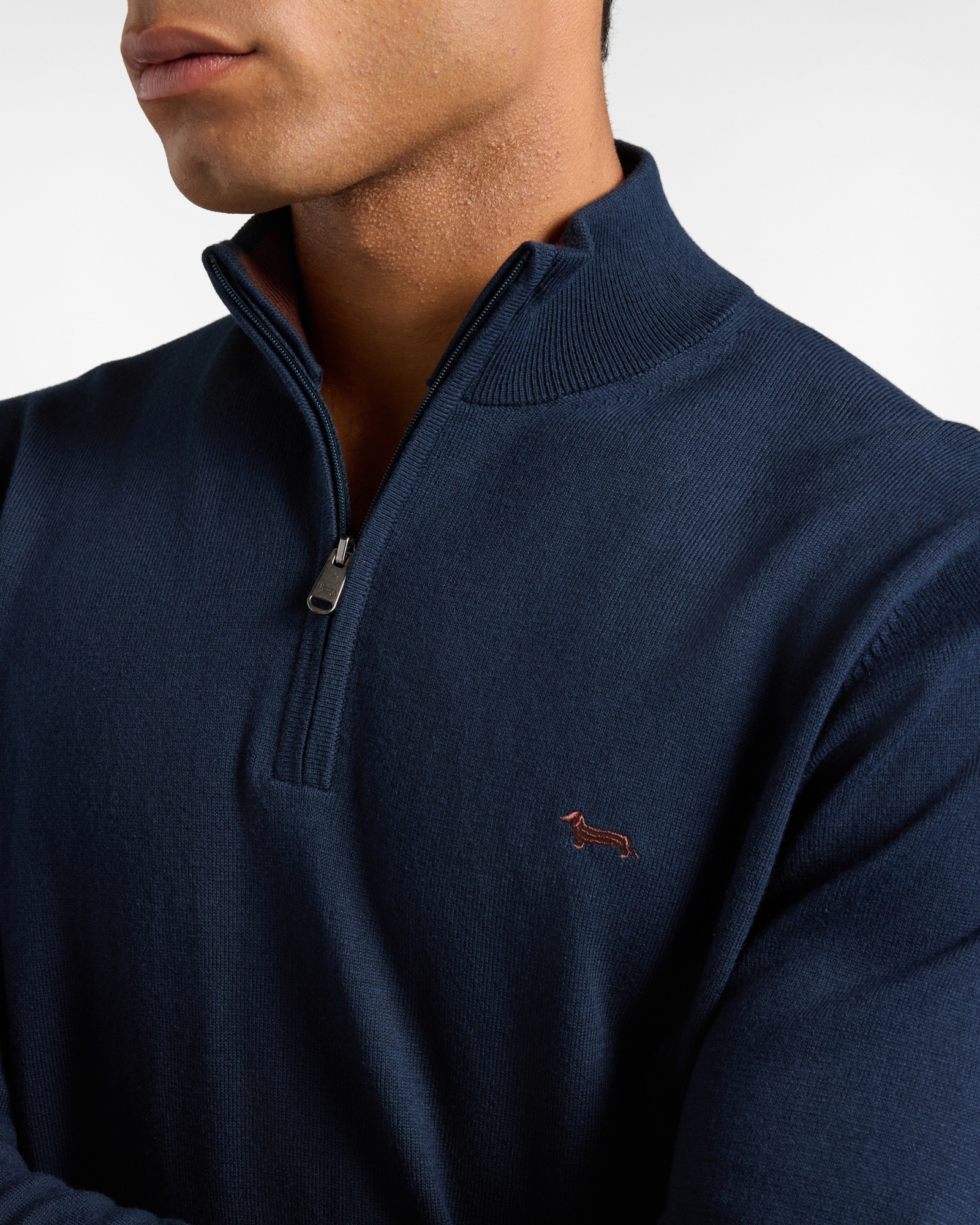 Men's regular fit sweater with half-zip stand-up collar in a  wool and cotton blend, NAVY BLUE, large