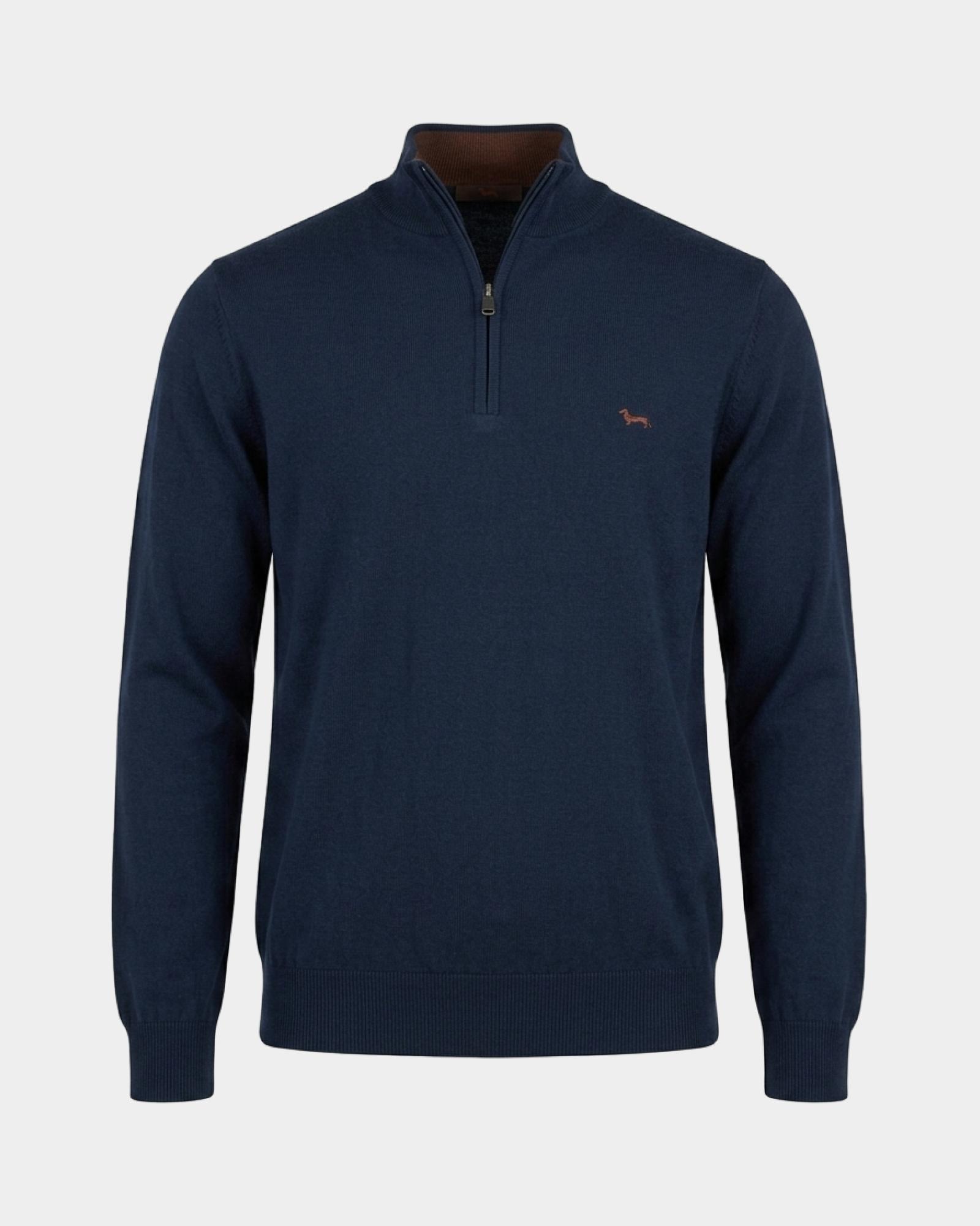 Men's regular fit sweater with half-zip stand-up collar in a  wool and cotton blend, NAVY BLUE, large