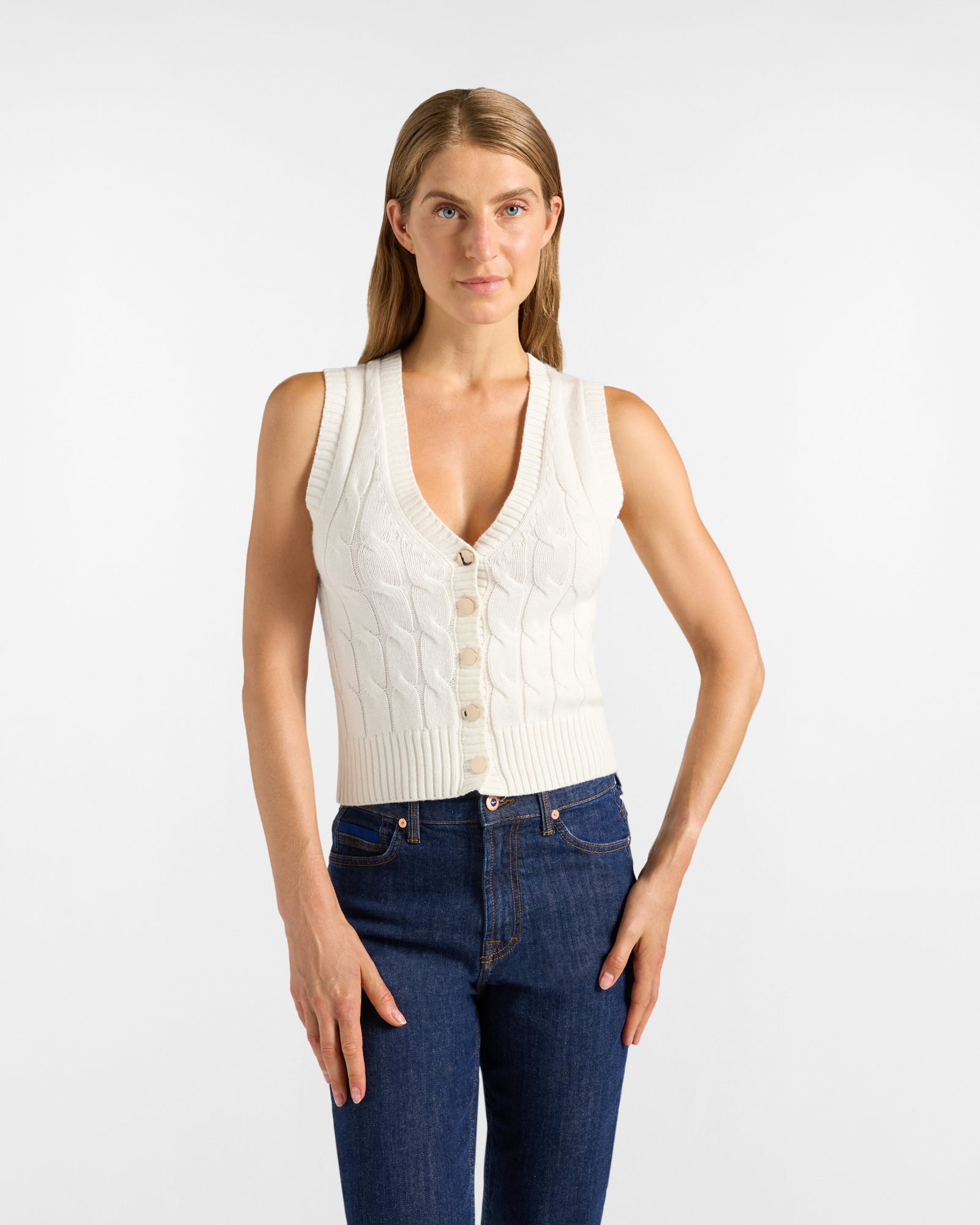 Chaleco Mujer con cuello de pico en mezcla de lana color blanco Made in Italy