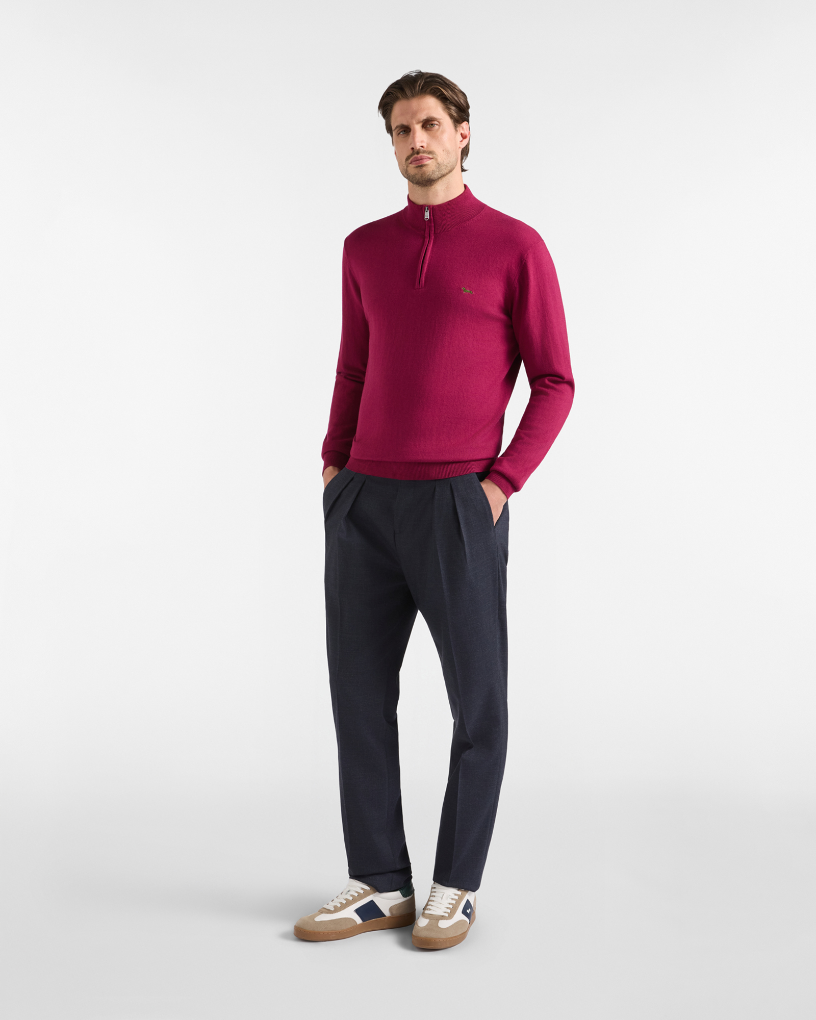 Maglia Uomo con collo alto half zip in misto lana e cotone  Regular Fit, INDIAN ROSE, large