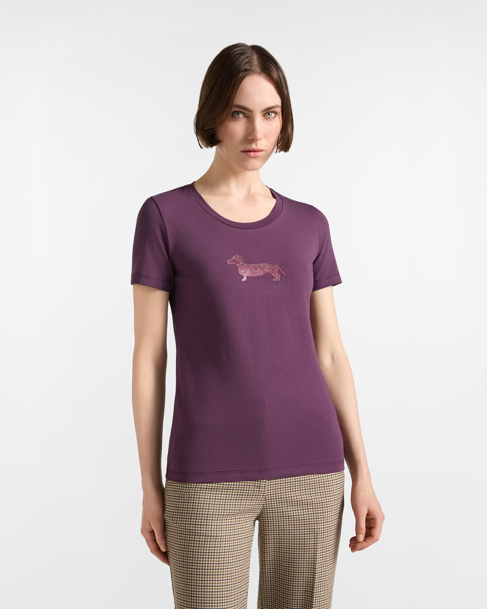 T-shirt Donna in cotone stretch rossa con Maxi Bassotto glitter