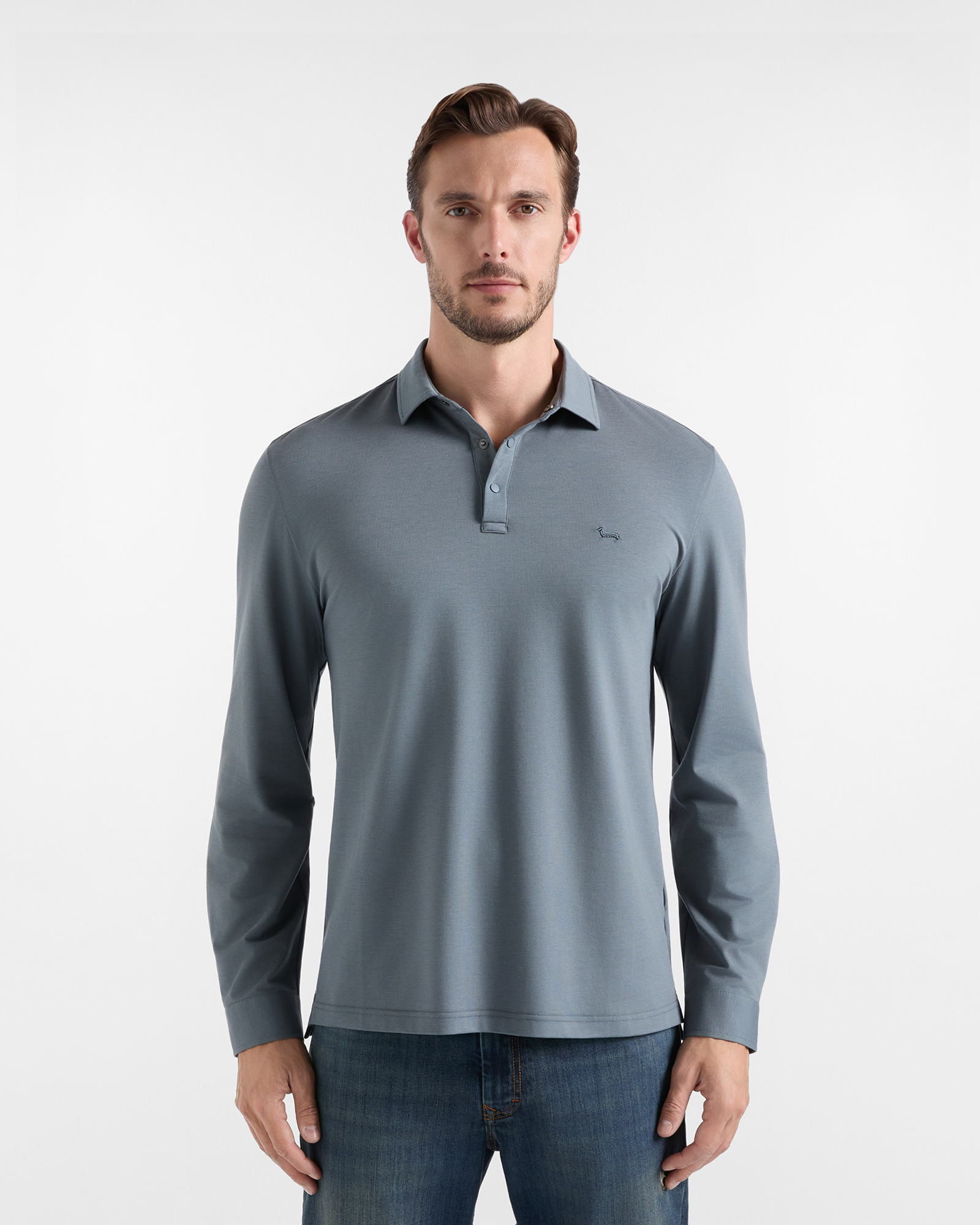 Men's long-sleeve gray stretch cotton piqu&eacute; polo shirt