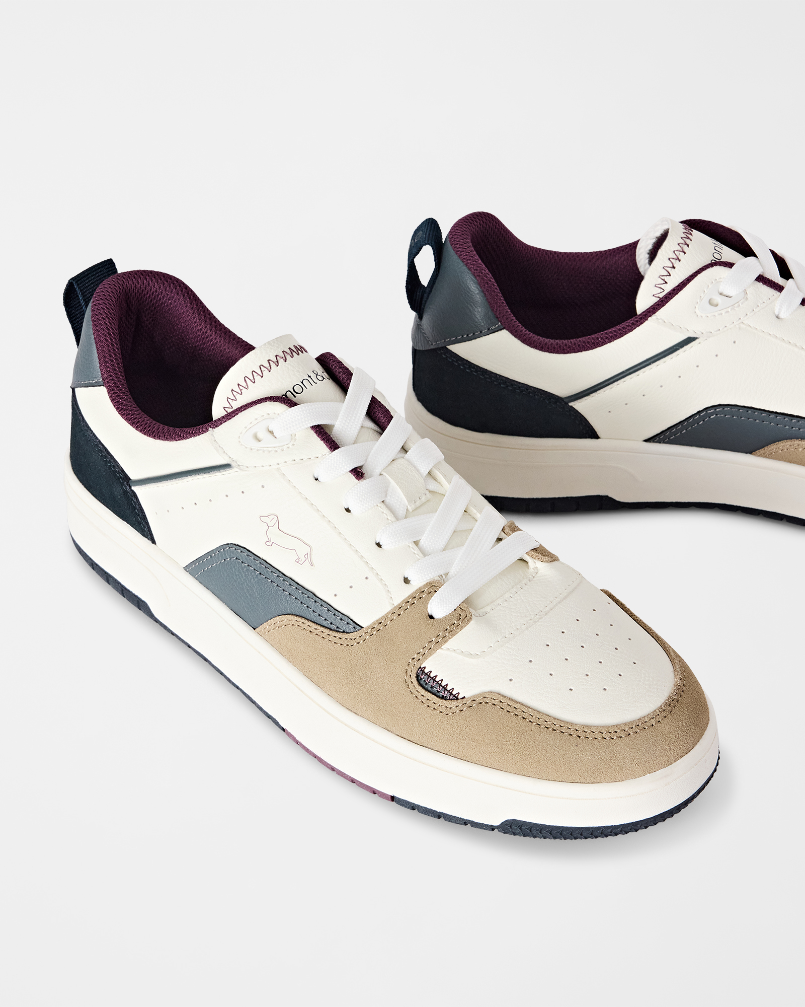 Sneakers homme style baskets r&eacute;tro en cuir, similicuir et daim, TAUPE - BLANC CASS&Eacute;, large