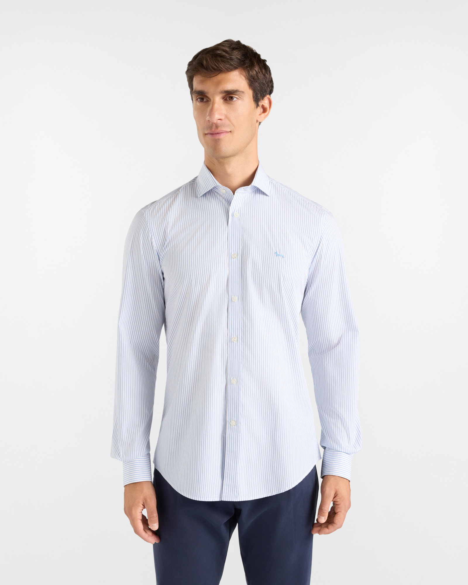 Camicia Uomo a righe su fondo bianco tinto filo Narrow Fit azzurro