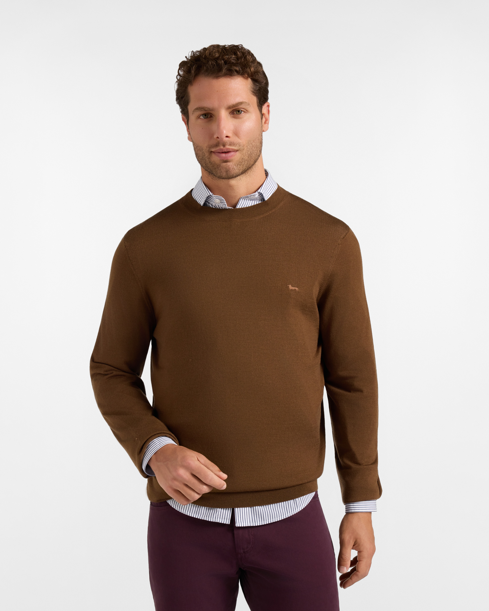 Men's sweater in 100% pure wool with regular fit, DARK BROWN, large