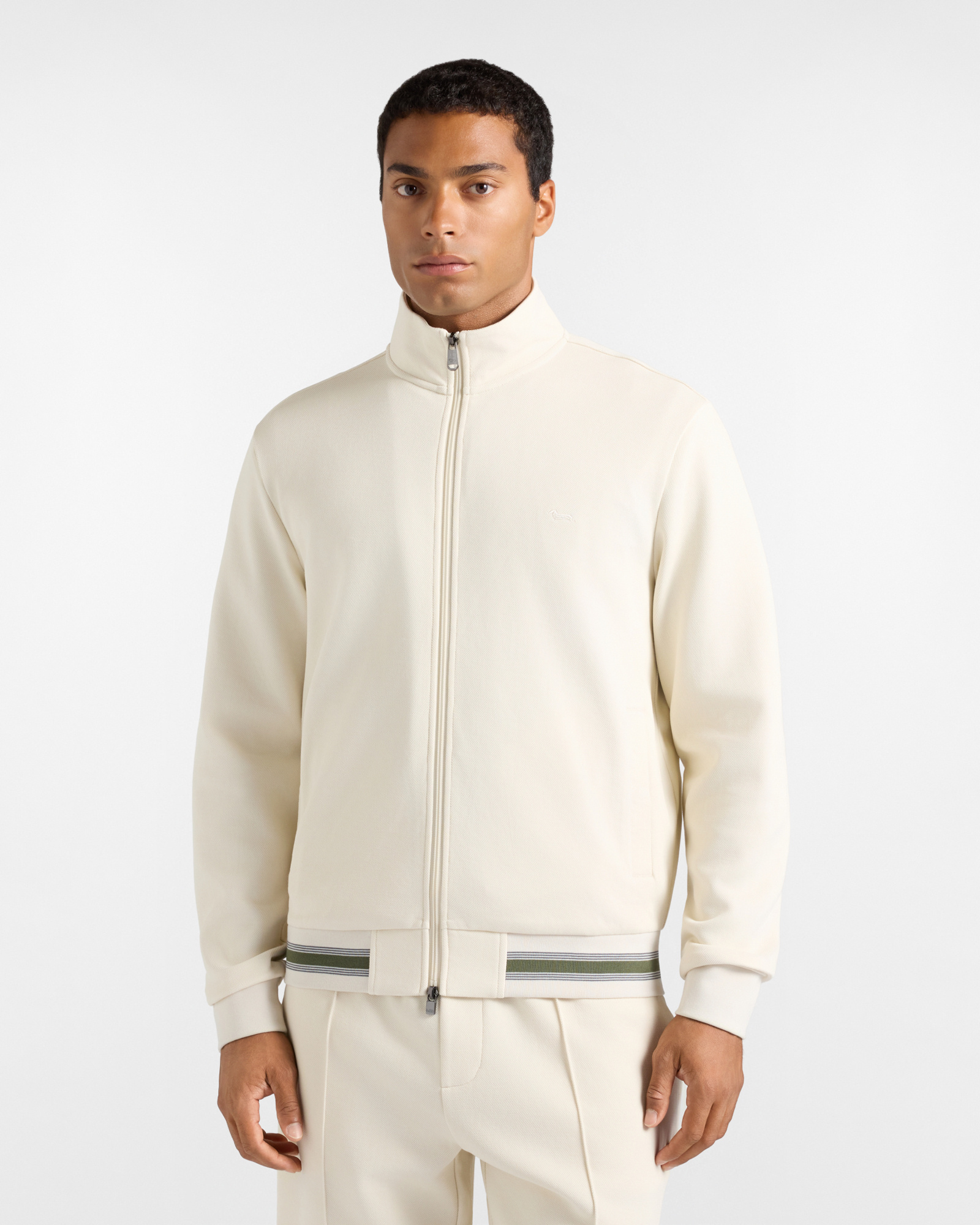 Men's beige full-zip piqu&eacute; turtleneck sweatshirt