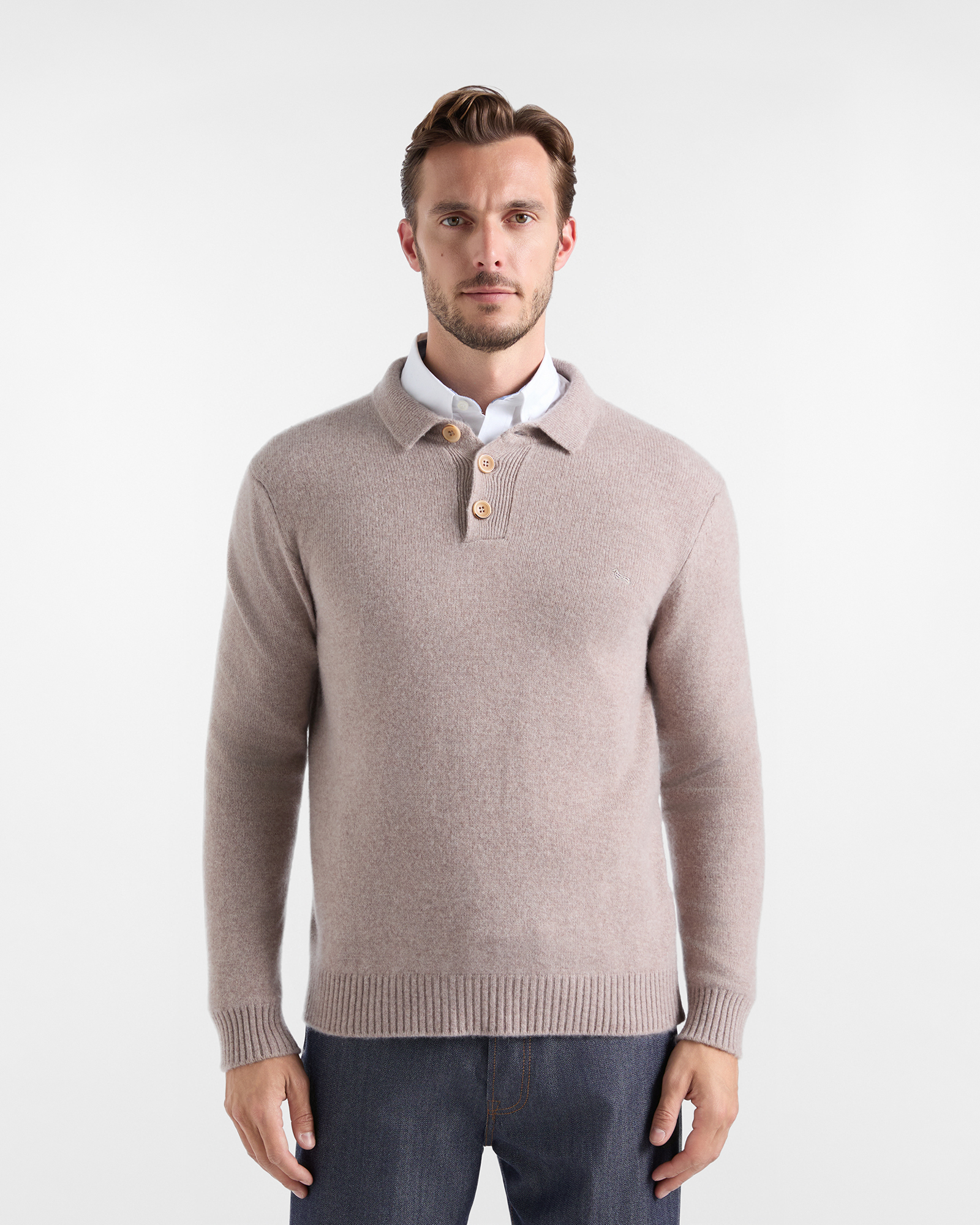 Jersey Hombre con cuello polo abotonado en 100 % puro cachemir color beige Regular Fit Made in Italy