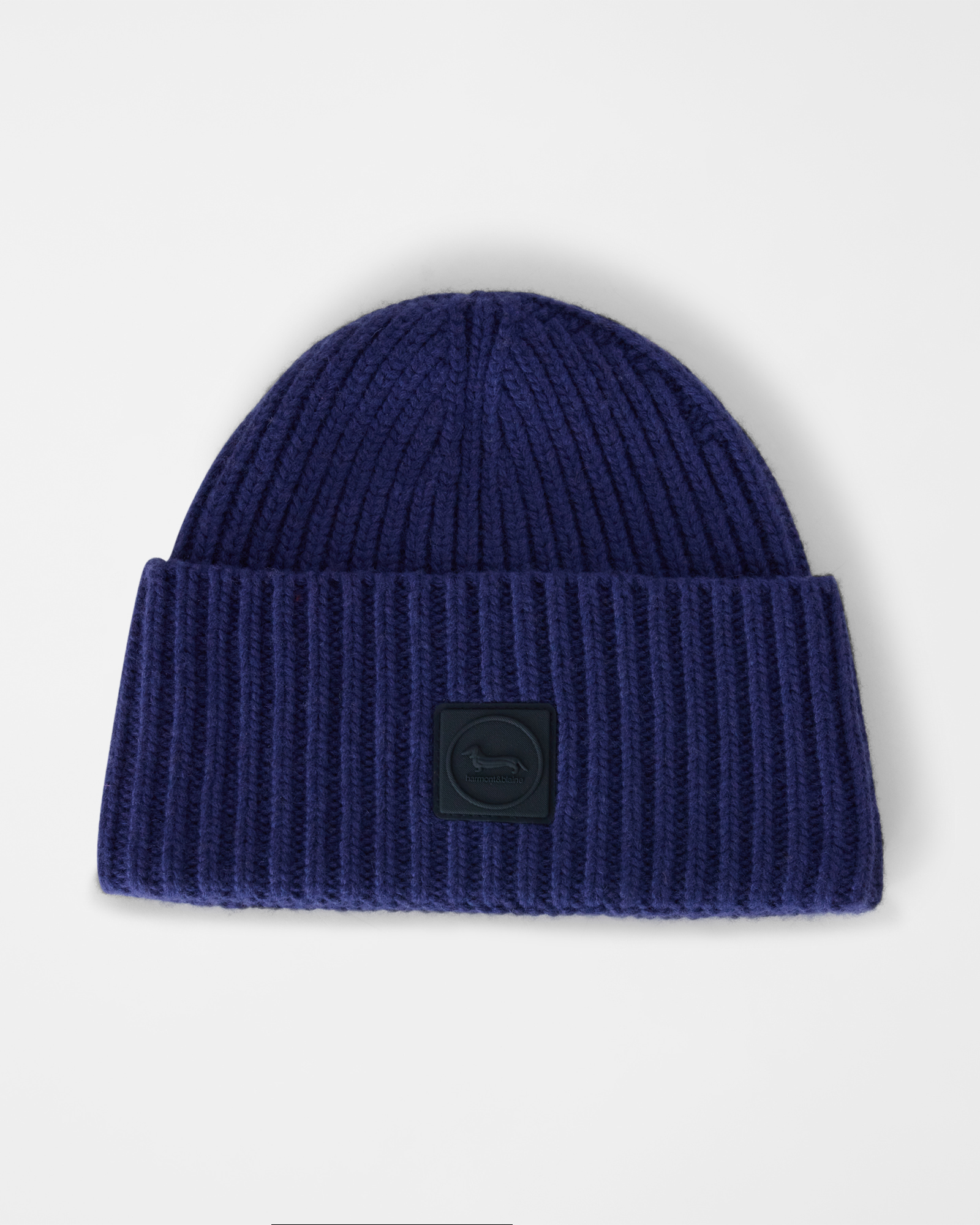 Men&rsquo;s wool and cashmere blend beanie with dachshund patch, DARK PURPLE, large