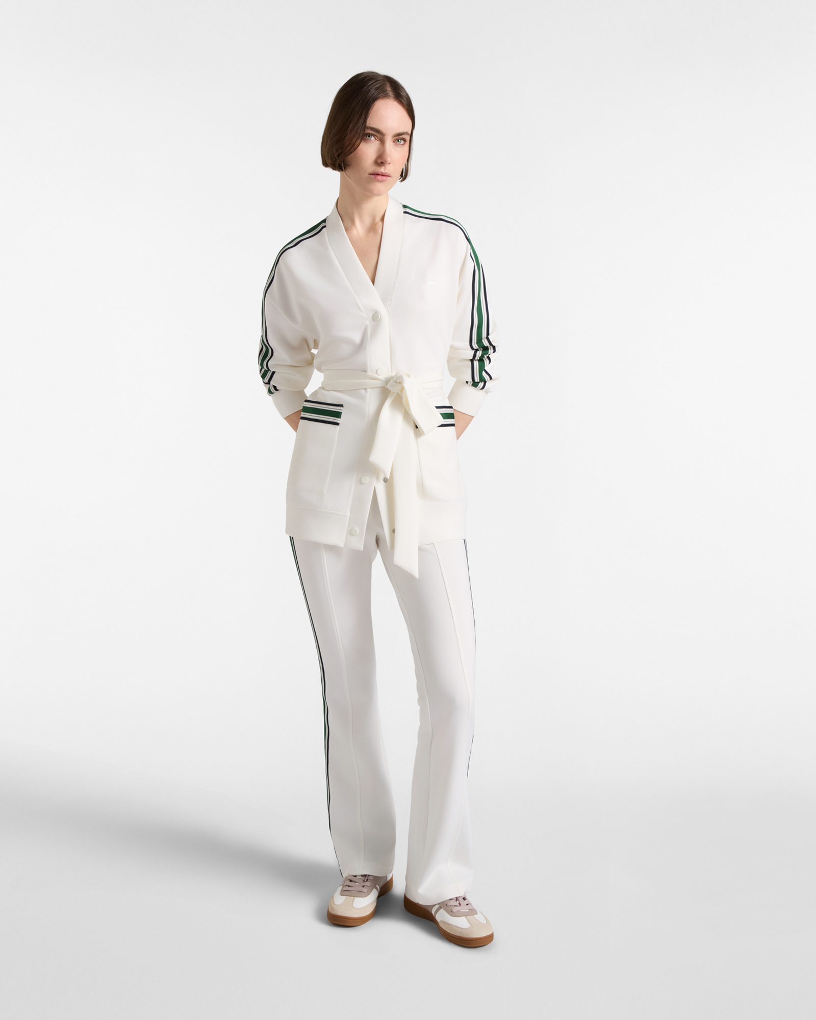 Women's fleece kimono cardigan with regimental stripes, WHITE, large