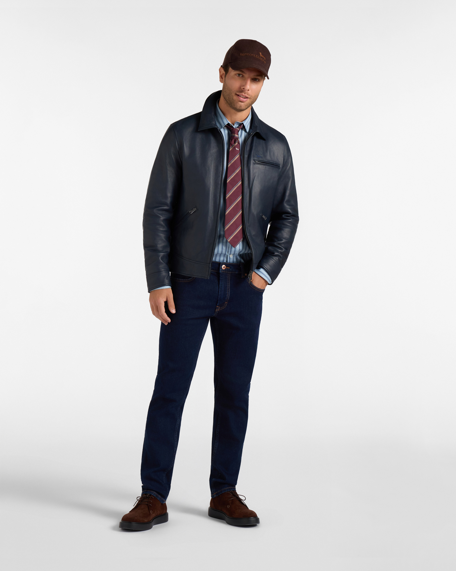 Men's Made in Italy bomber jacket in genuine leather with shirt-style collar Made in Italy, NAVY BLUE, large