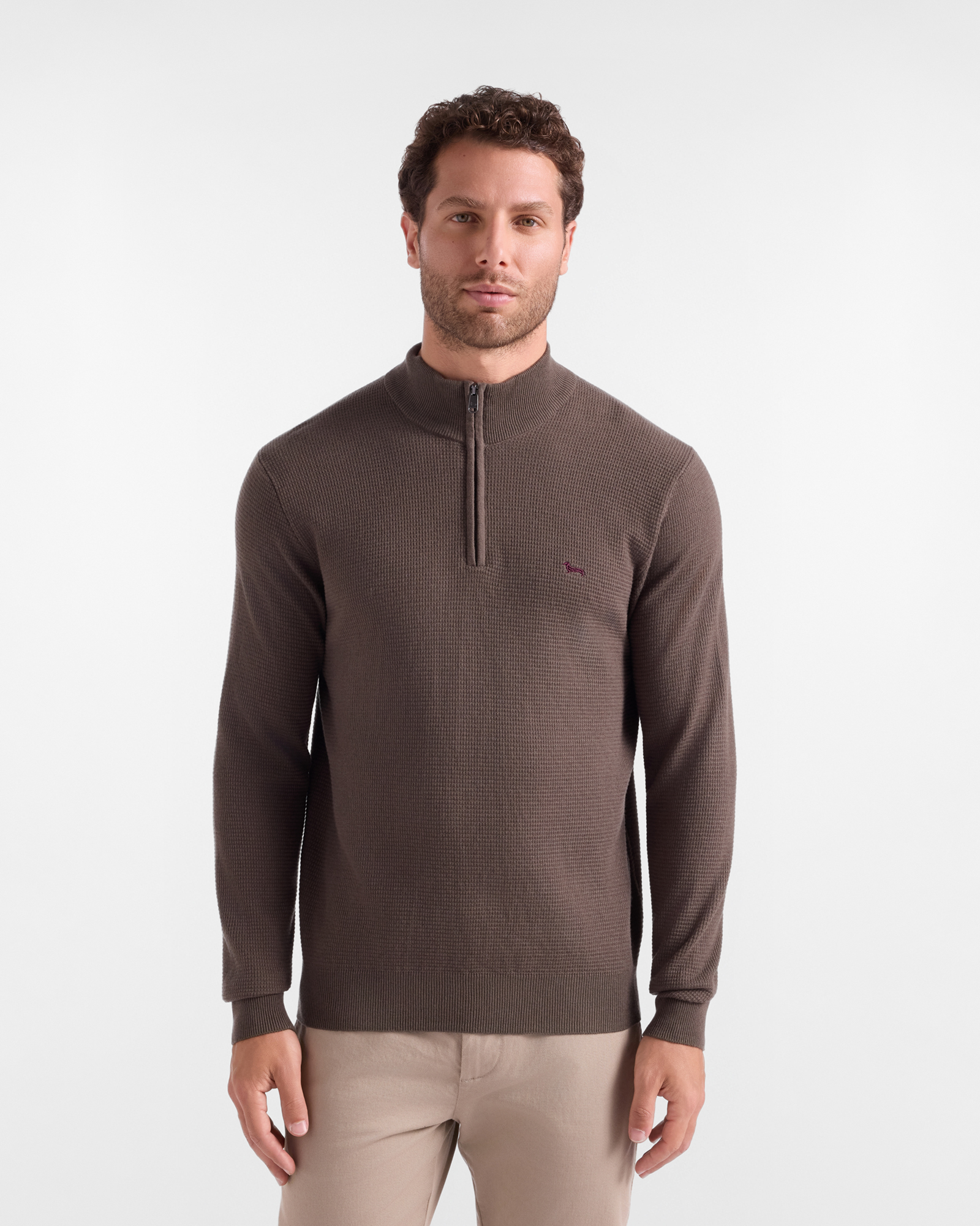 Men's regular fit sweater with half-zip stand-up collar in a green wool and cotton blend