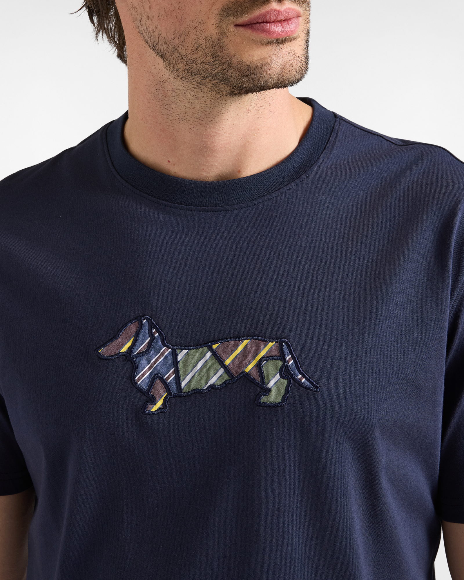 Men's regular-fit T-shirt in 100% pure cotton with embroidered dachshund, NAVY BLUE, large