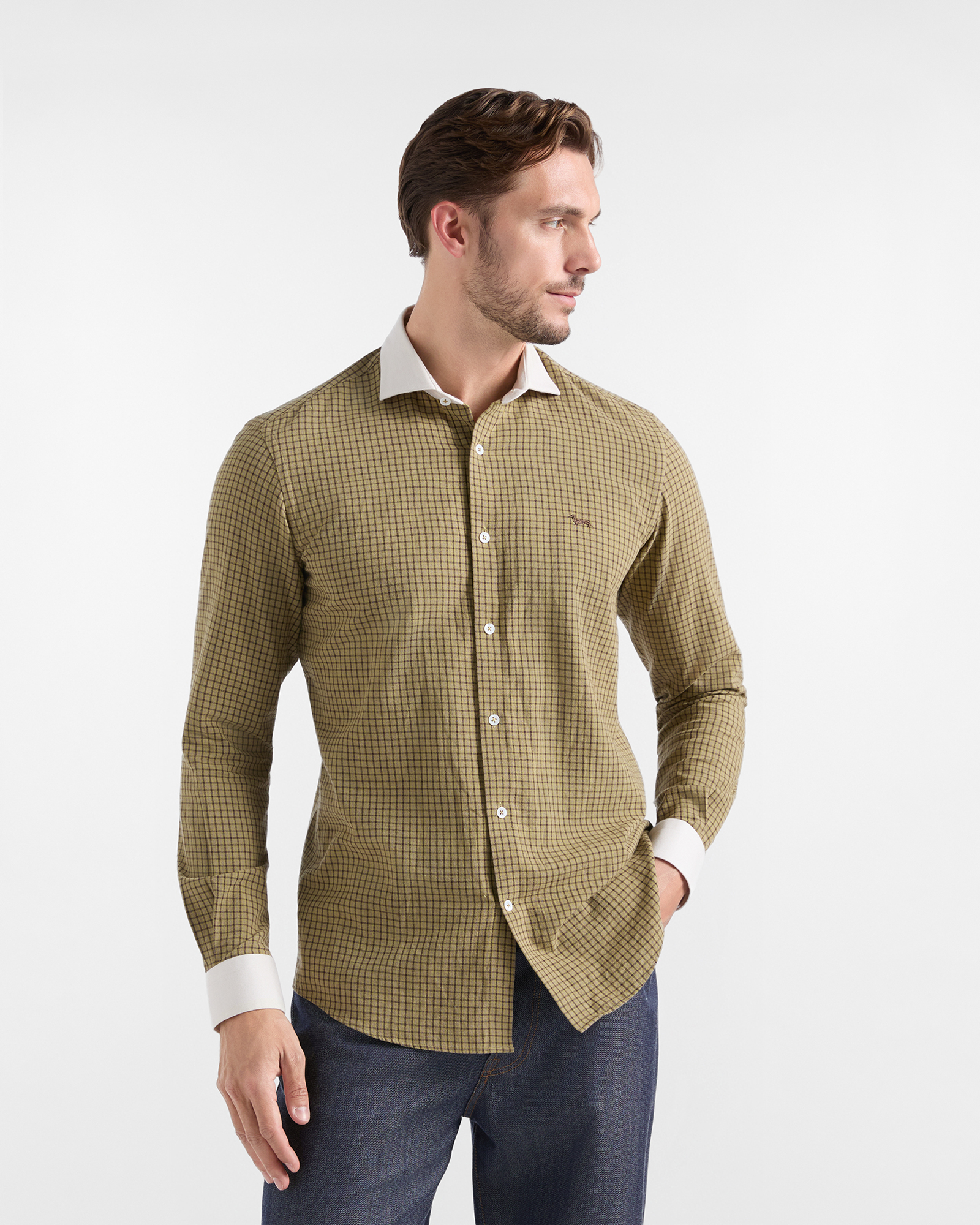 Harmont & Blaine Men&rsquo;s Capsule Quality Colours Shirt in light green micro-check cotton flannel