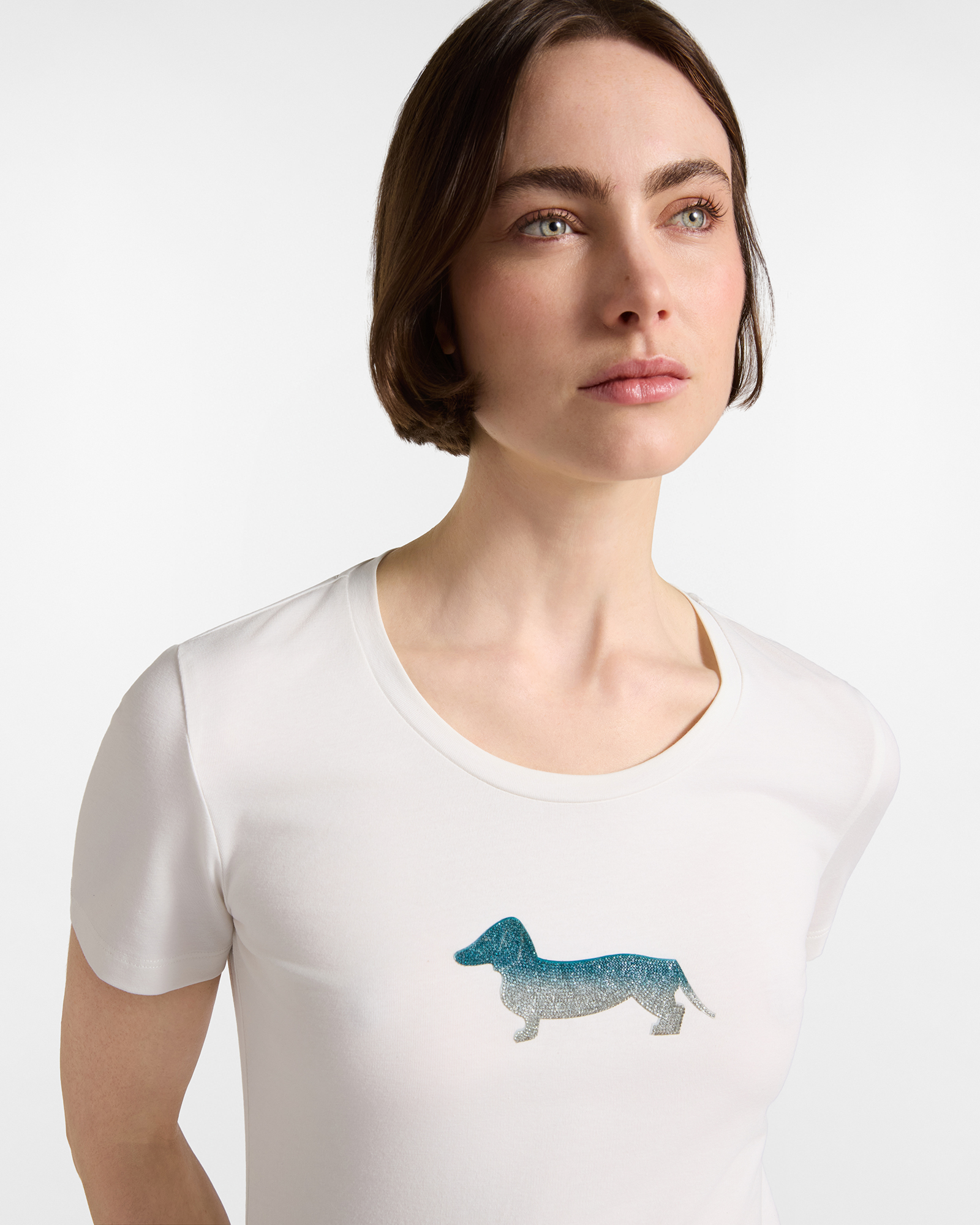 Women's  stretch cotton T-shirt with glitter maxi dachshund, WHITE, large