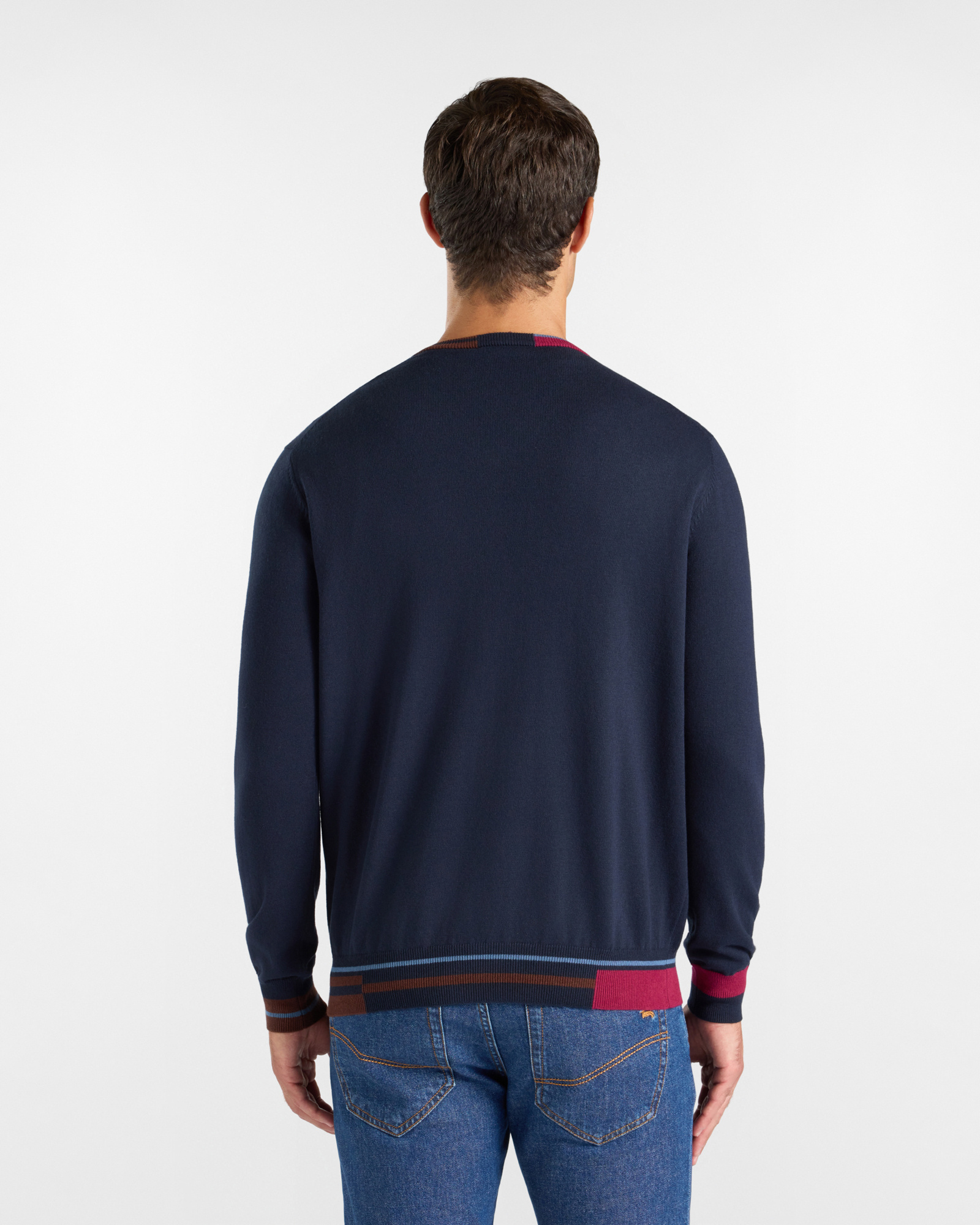 Men's regular fit V-neck sweater in a wool and cotton blend, NAVY BLUE, large