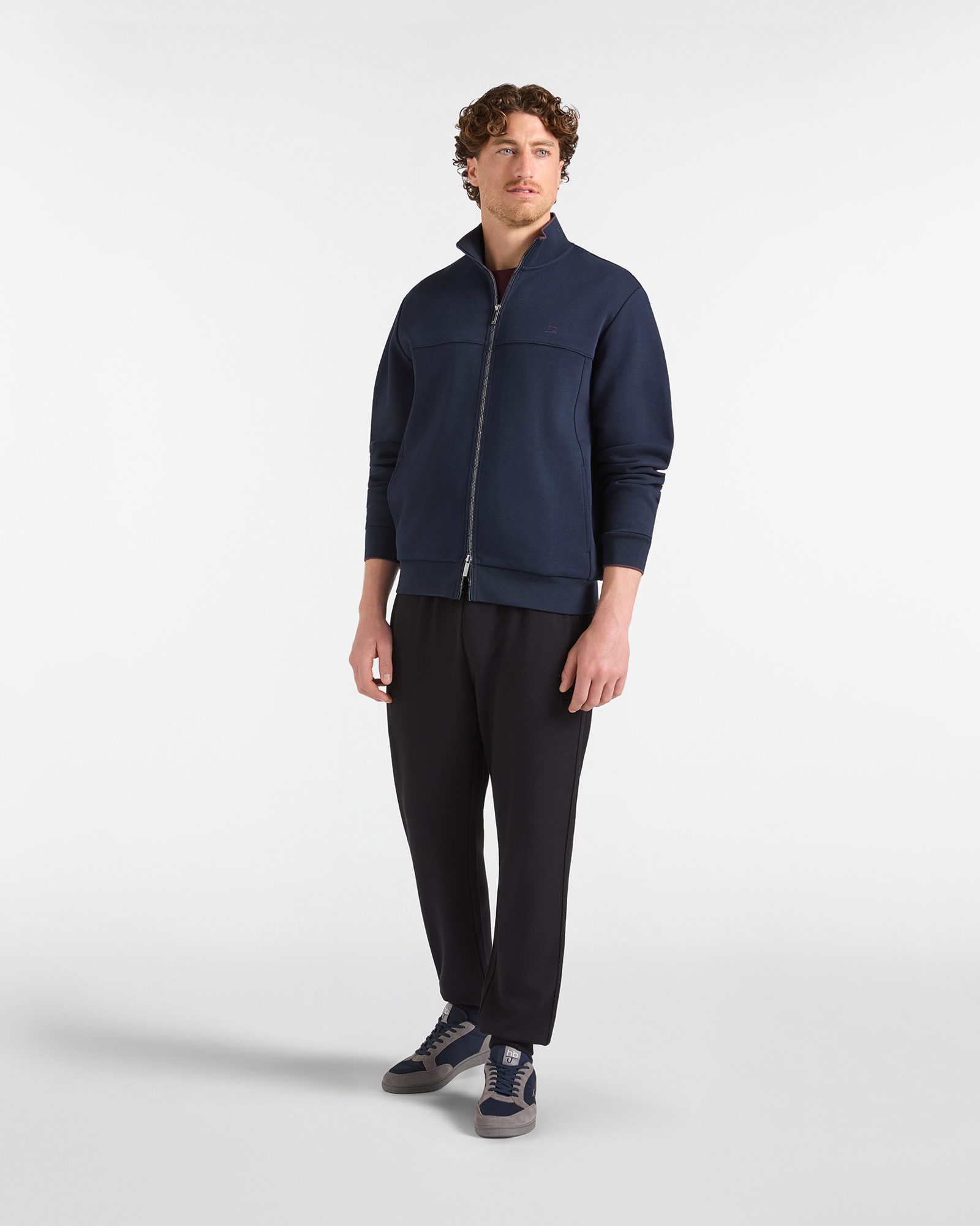 HBJ Men&rsquo;s Full-Zip Hoodie with Stand-Up Collar and Contrast Trim, DARK BLUE, large