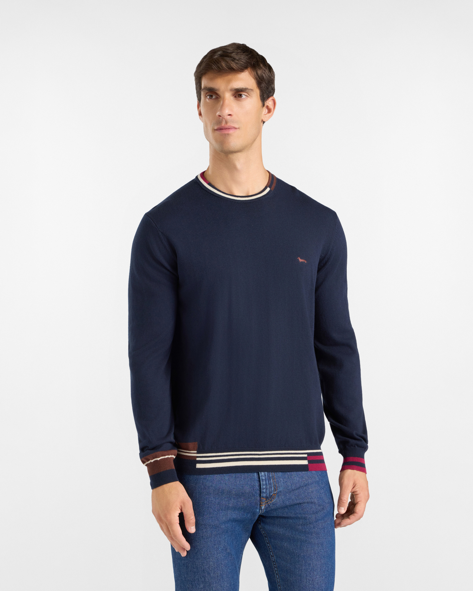 Men's regular fit sweater in a wool and cotton blend, NAVY BLUE, large