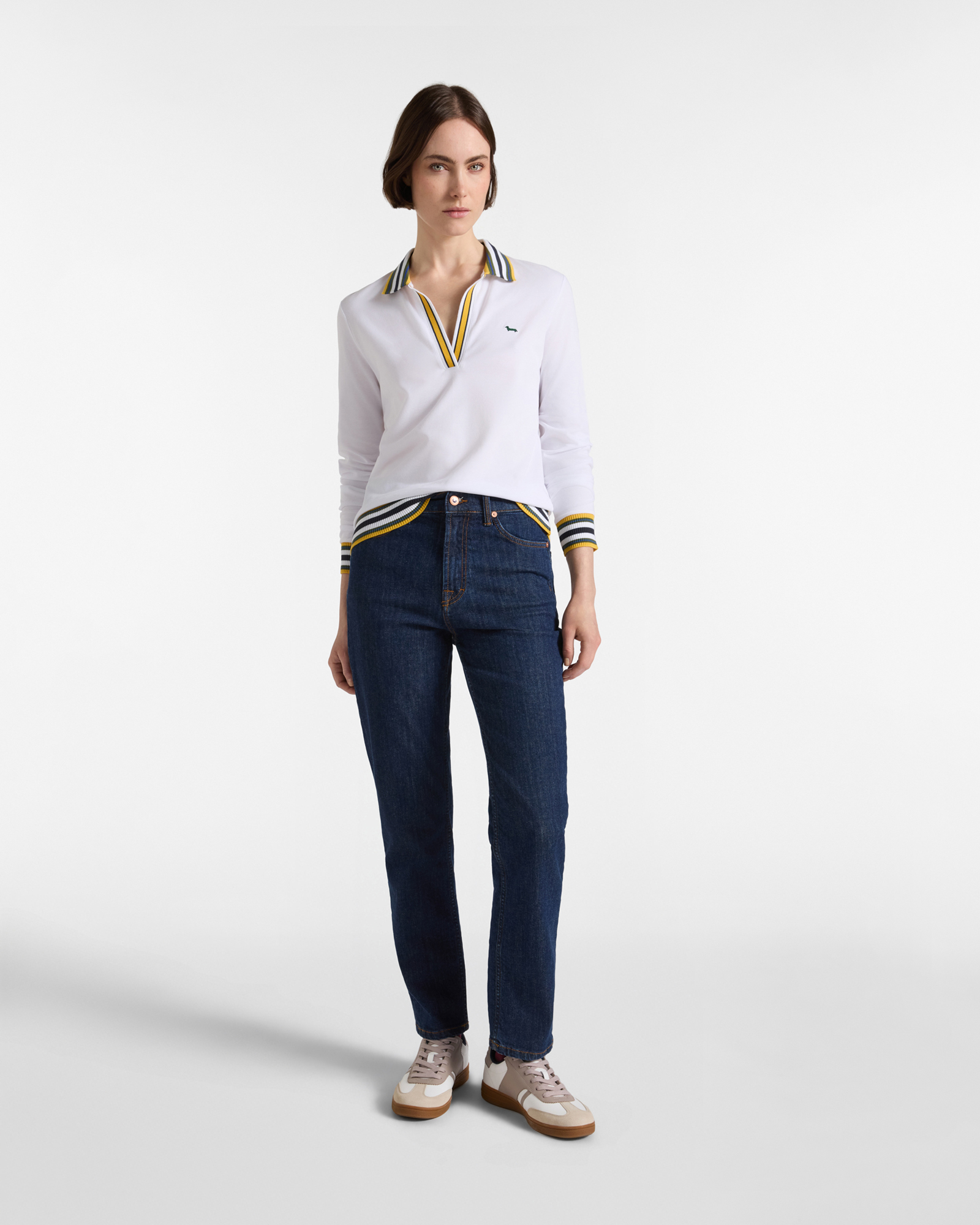 Women's long-sleeve stretch cotton polo shirt with V-neck, WHITE, large