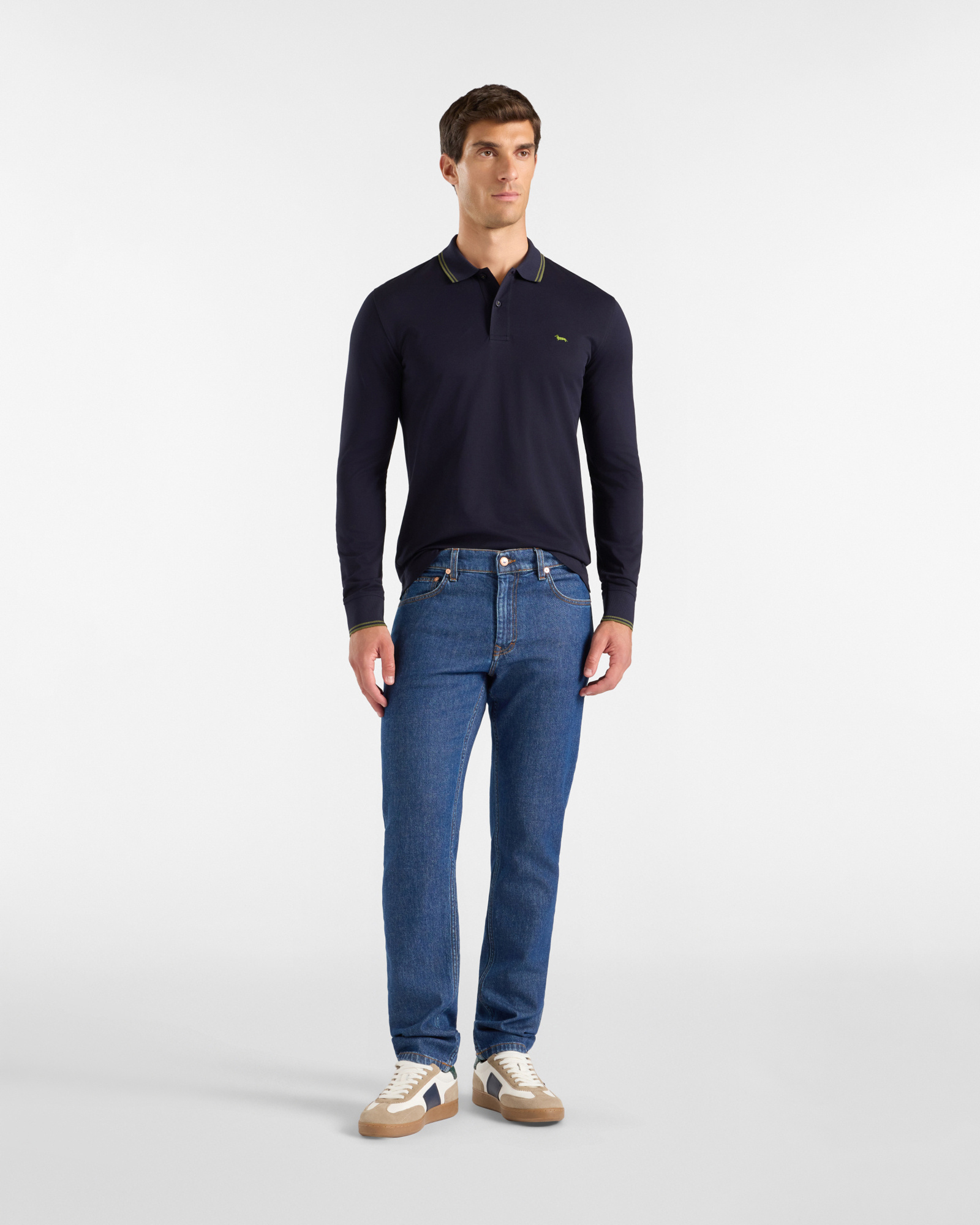 Men's long-sleeve 100% pure cotton piqu&eacute; polo shirt, NAVY BLUE, large