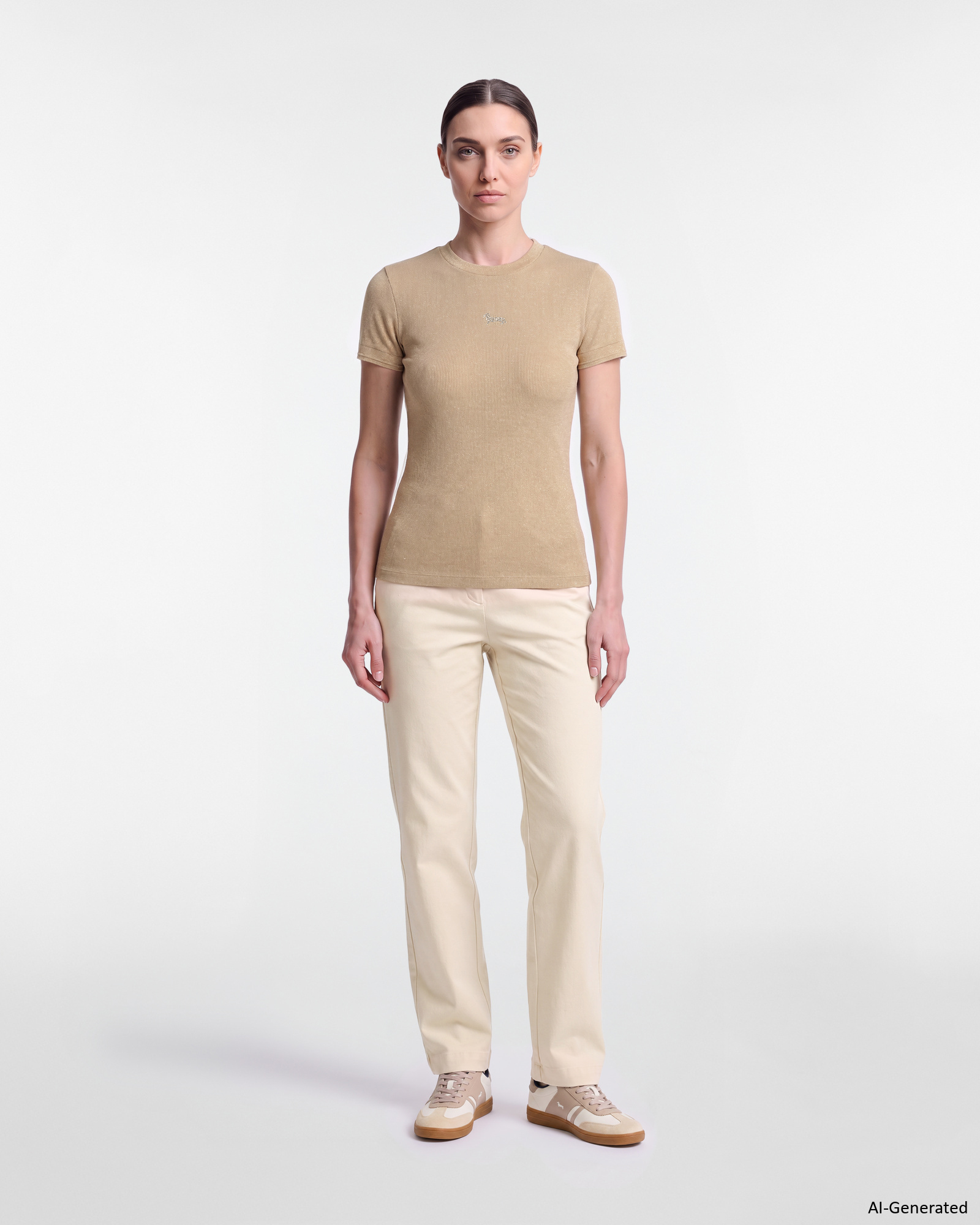Women&rsquo;s Slim-Fit Lam&eacute; Ribbed T-shirt with rhinestone hem in stretch nylon, TAUPE, large