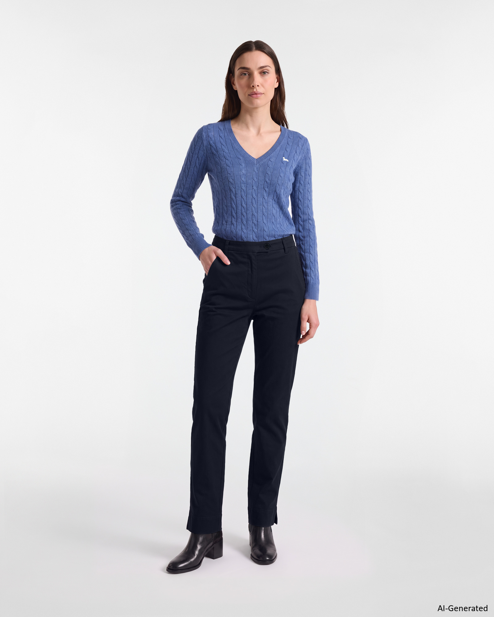 Pantal&oacute;n para mujer en algod&oacute;n el&aacute;stico corte Slim, AZUL MARINO, large