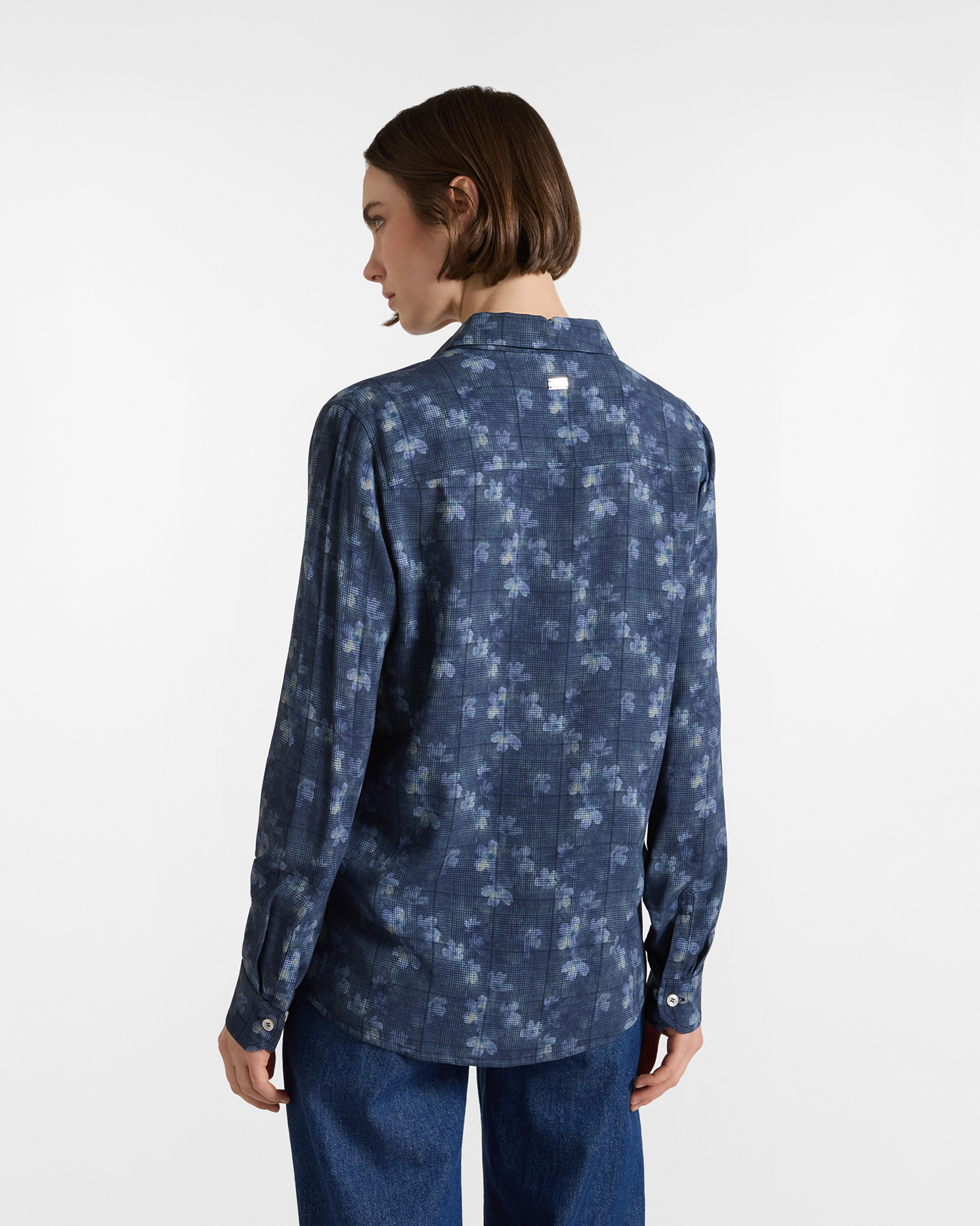 Women's faded dark blue floral print shirt, BLUE, large
