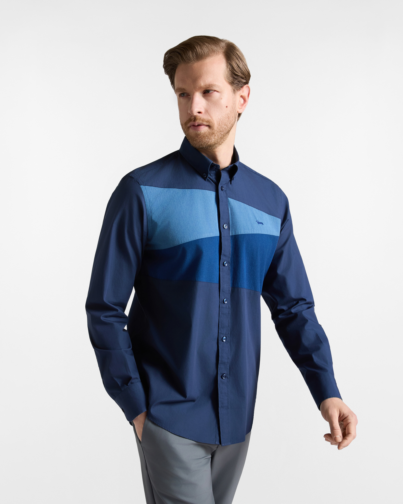 Chemise homme bleue en popeline effet velours avec denim Regular Fit
